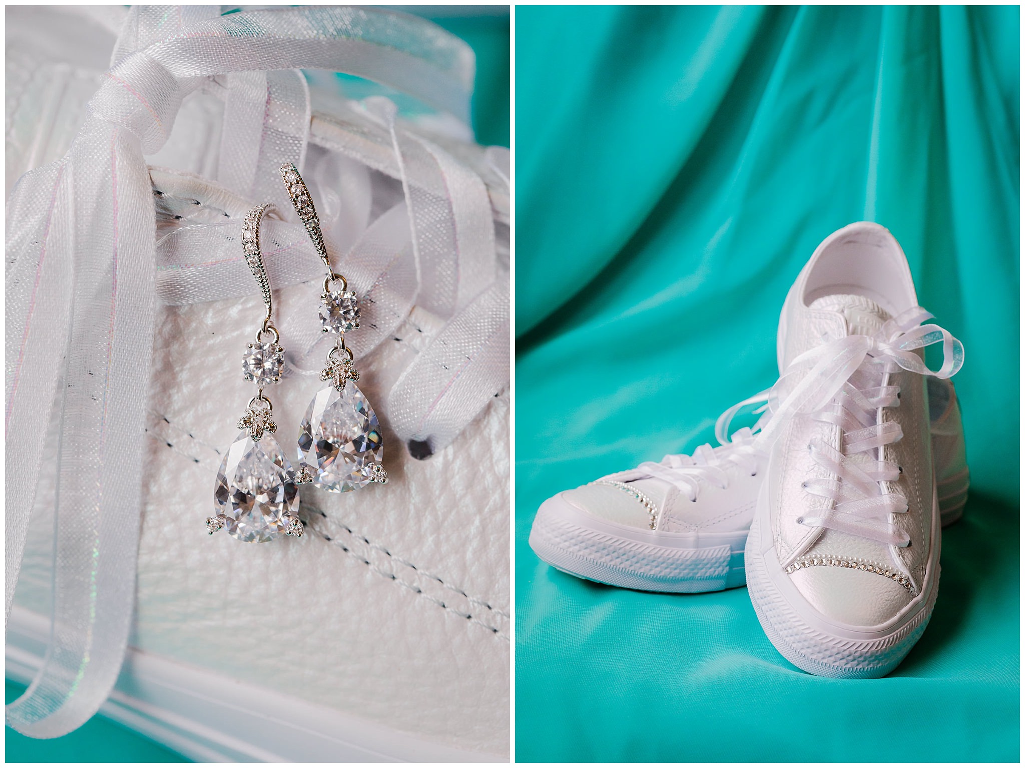 Bride's diamond earrings and custom white Converse All Stars
