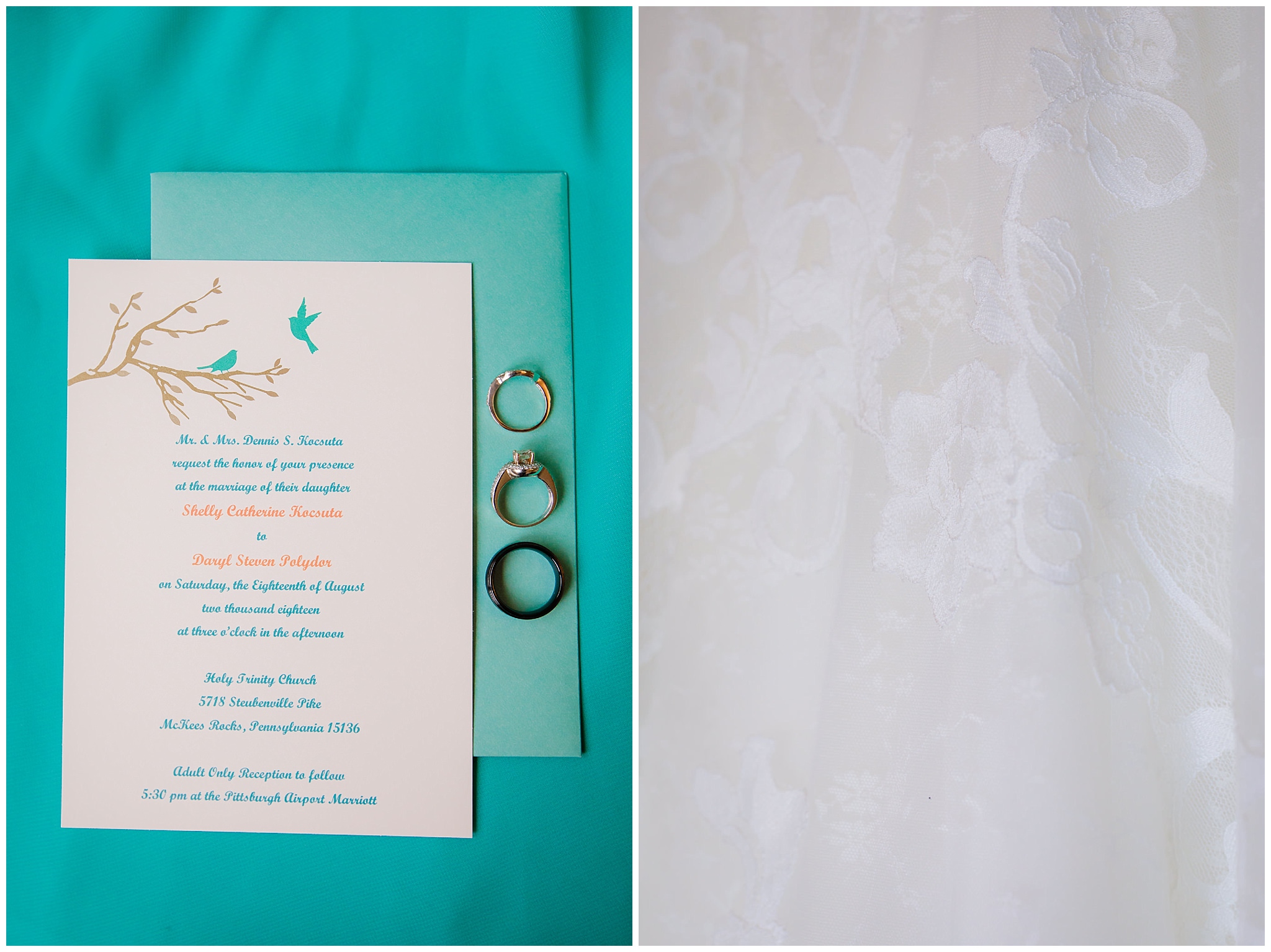 Bride's invitation suite and wedding bands sit on a turquoise bridesmaids dress