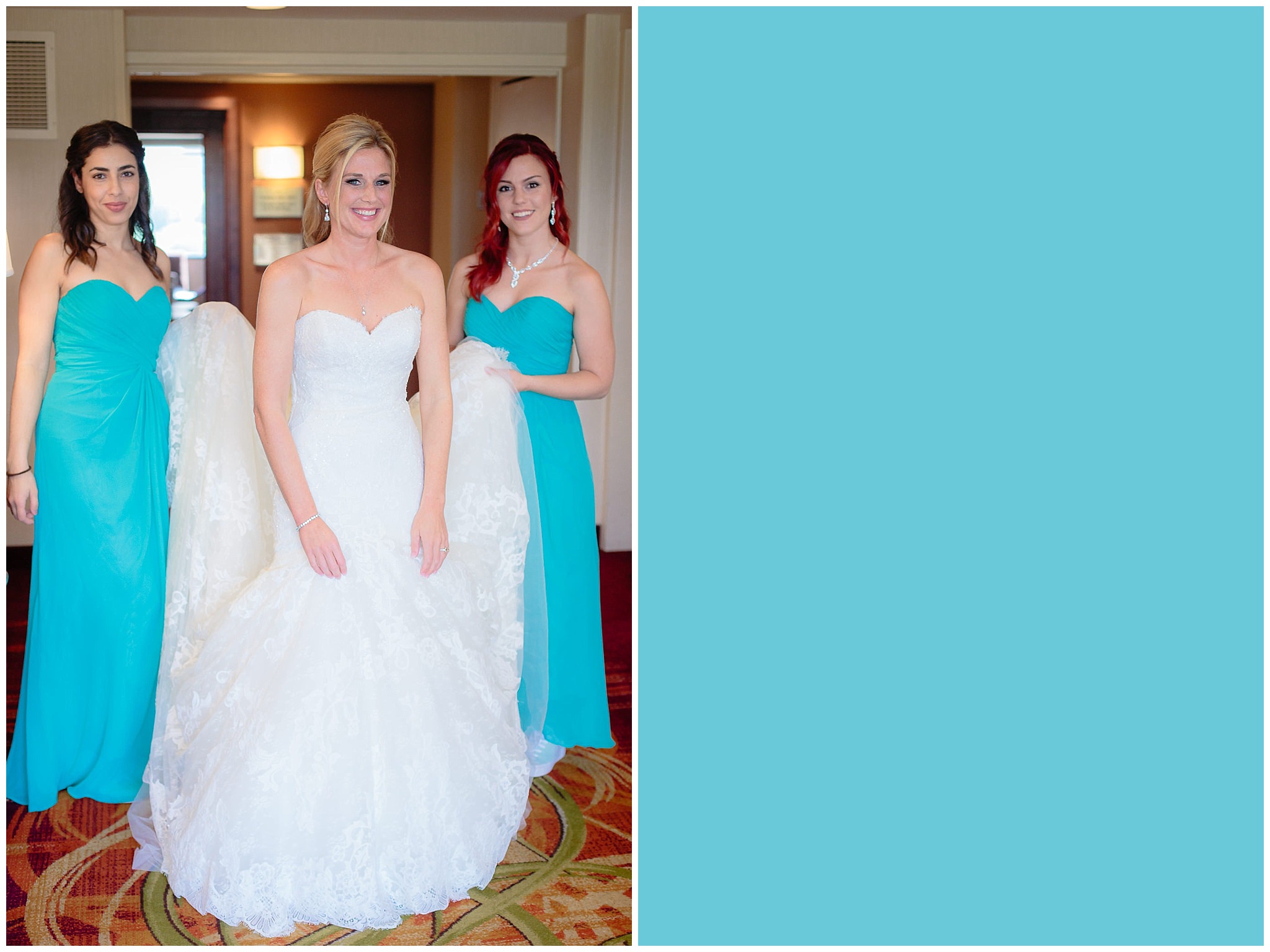 Bridesmaids wait for the elevator with the bride at the Pittsburgh Airport Marriott