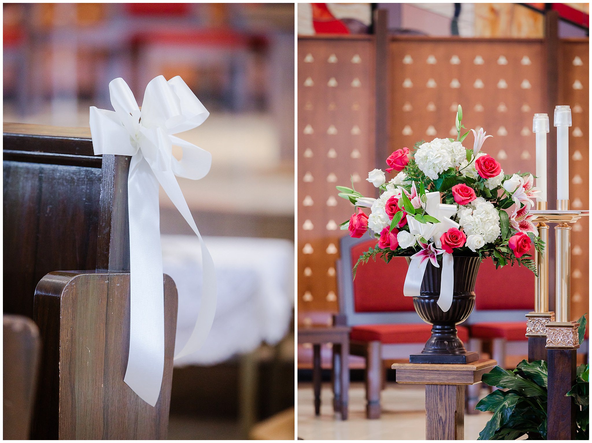 Pew bows and floral arrangements for a Holy Trinity Catholic Church wedding