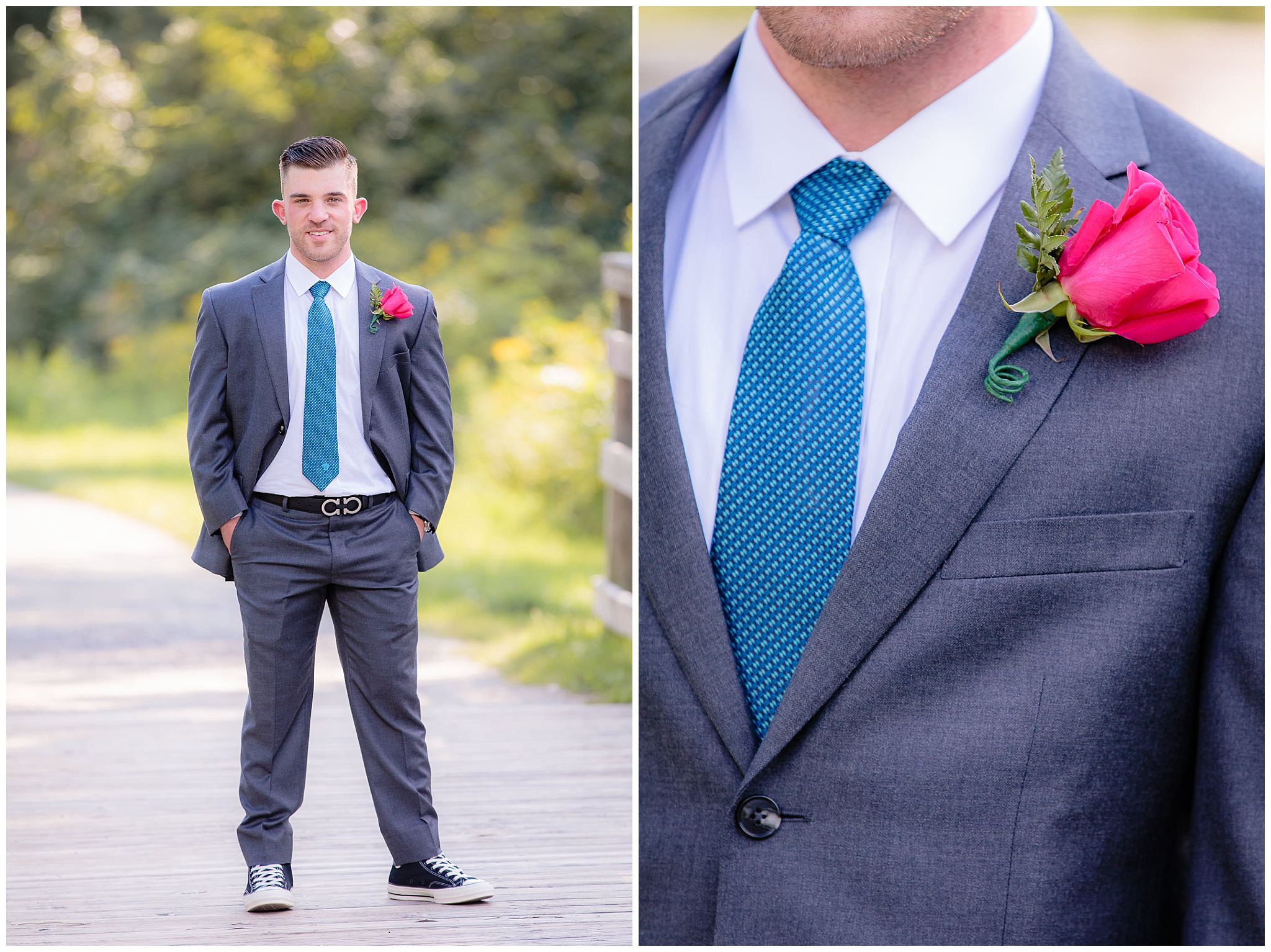 Groom portrait and closeup of boutonniere