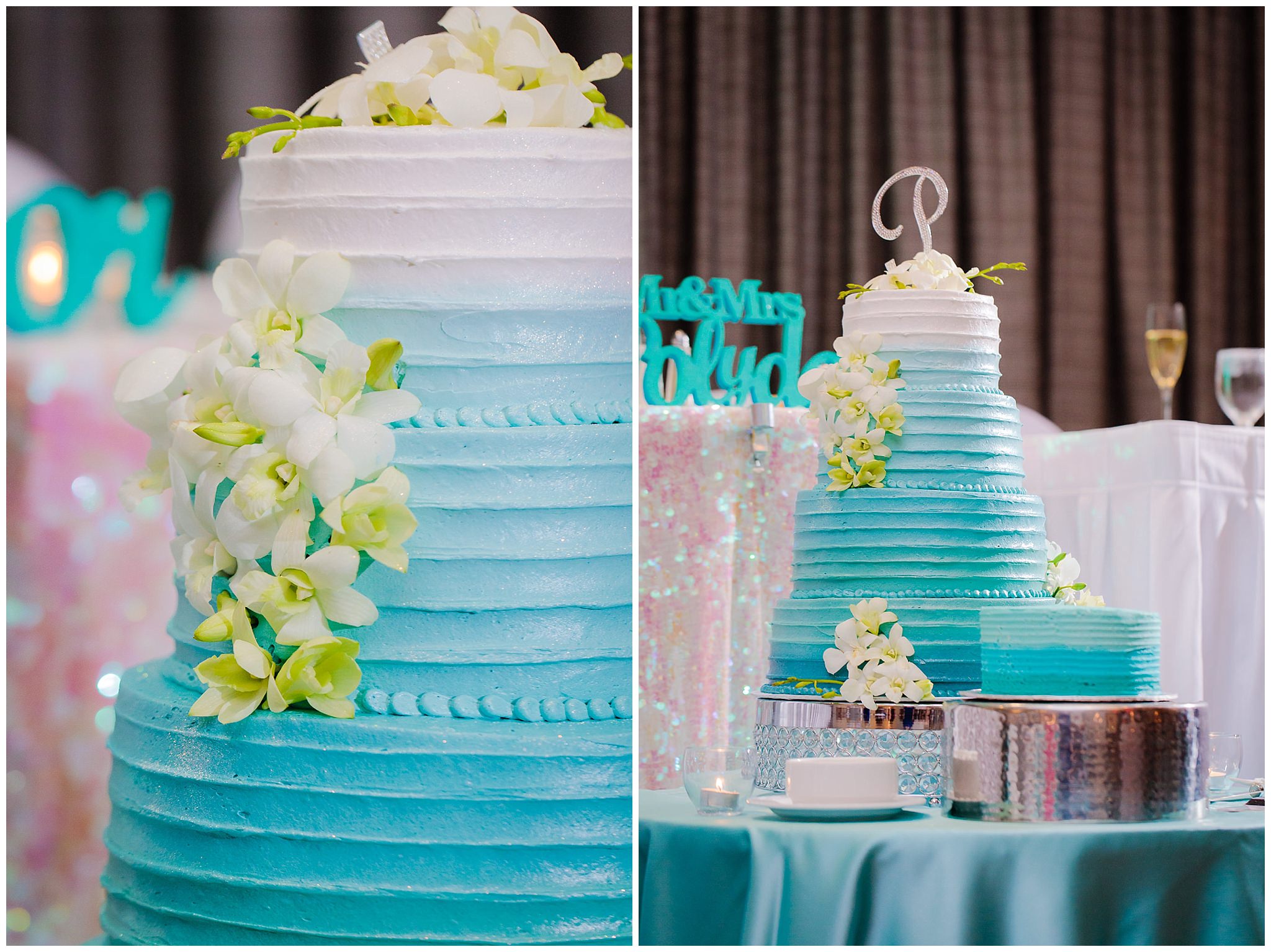 Ombre turquoise wedding cake by Carol's Cakes at the Pittsburgh Airport Marriott