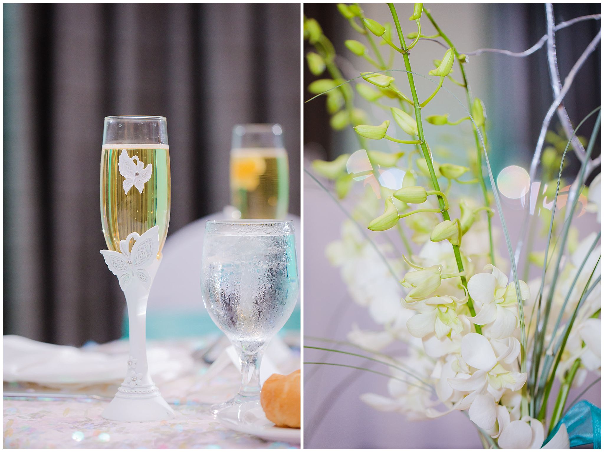 White butterfly champagne flutes at a Pittsburgh Airport Marriott wedding