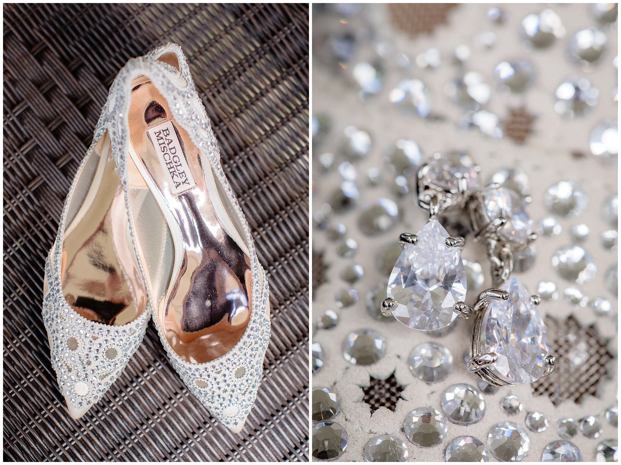 Bride's Badgley Mischka shoes and diamond teardrop earrings