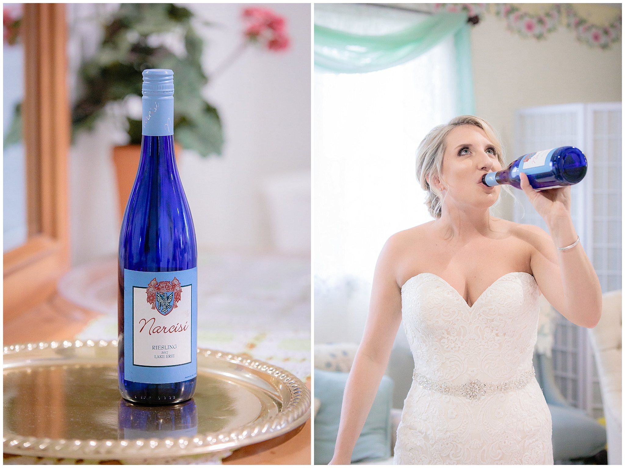 Bride drinks Narcisi Riesling before her Greystone Fields wedding