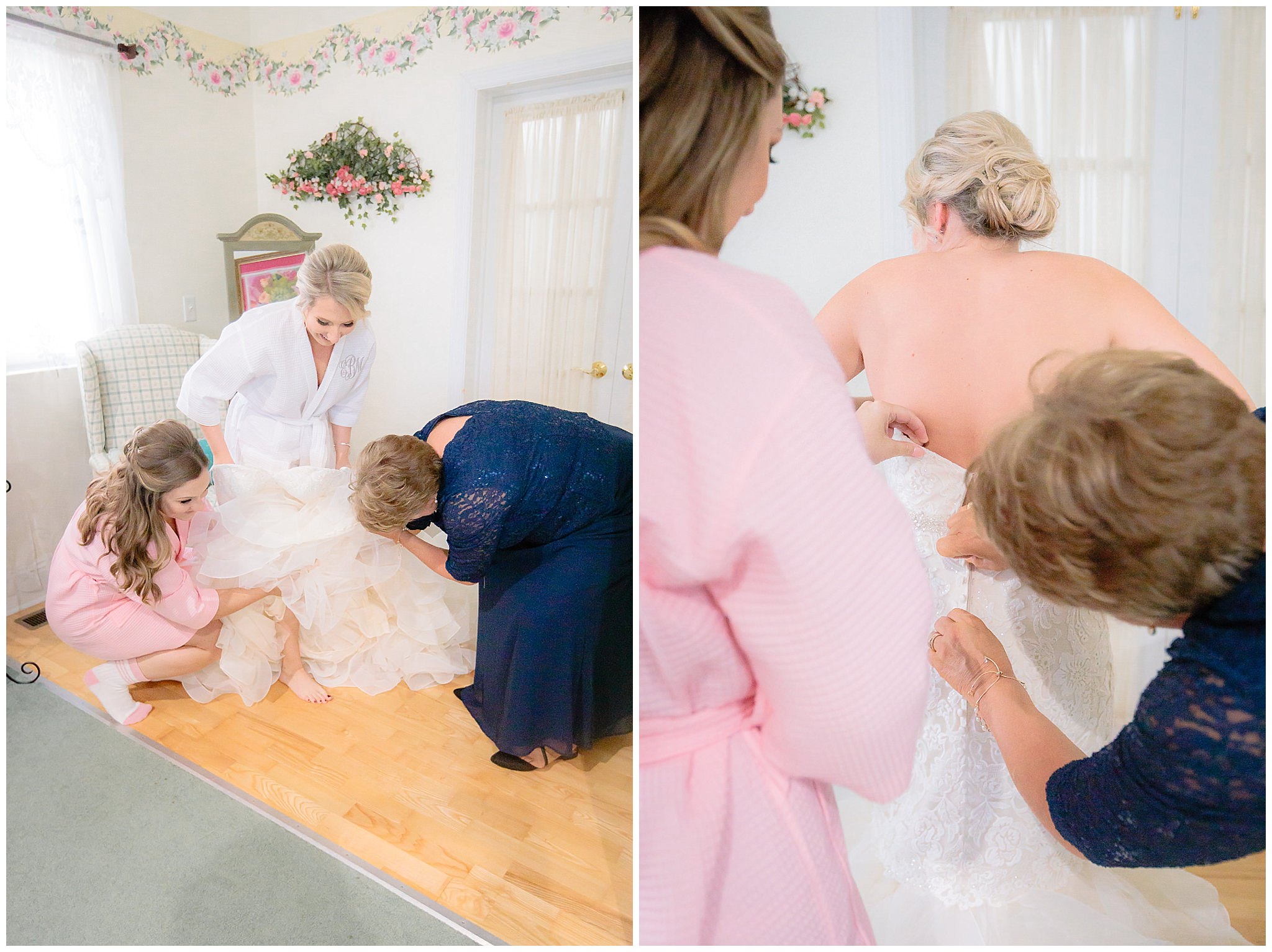 Mother of the bride and maid of honor help her into her dress at Greystone Fields