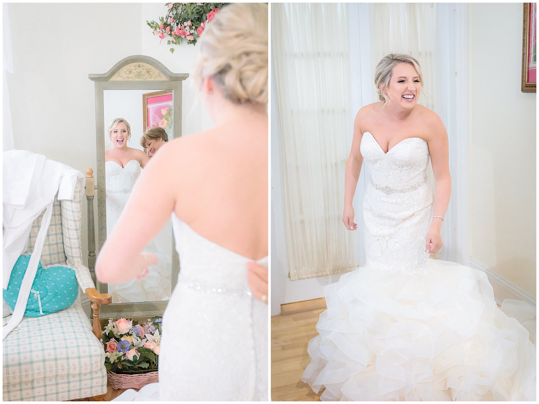 Bride reacts to seeing herself in her wedding dress at Greystone Fields