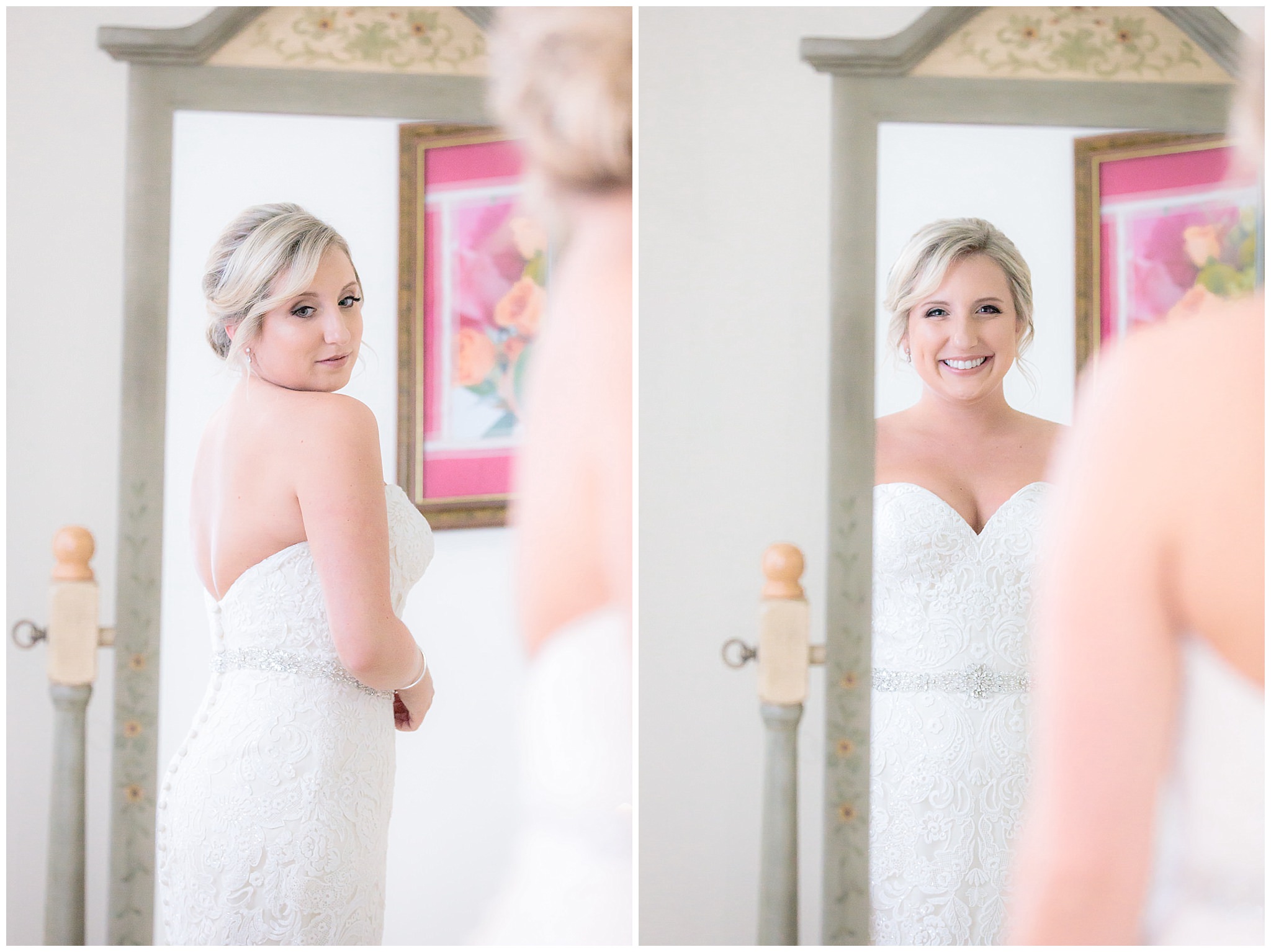 Bride looks at herself in the mirror before her Greystone Fields wedding