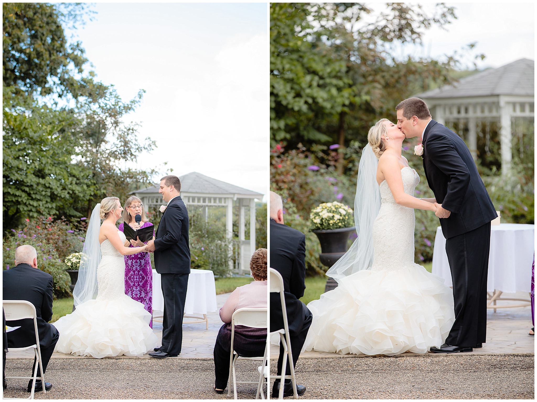 Bride and groom's first kiss at Greystone Fields