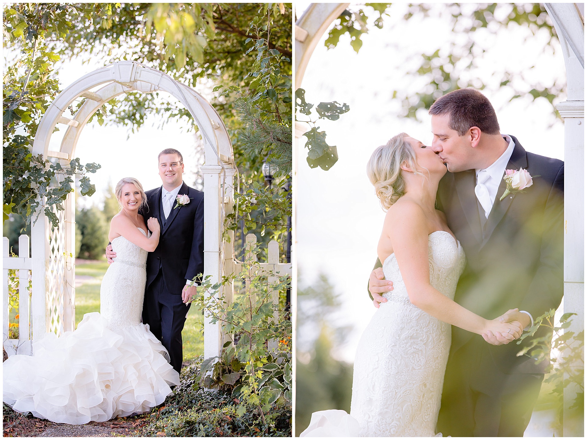 Bride and groom pose under an archway at Greystone Fields
