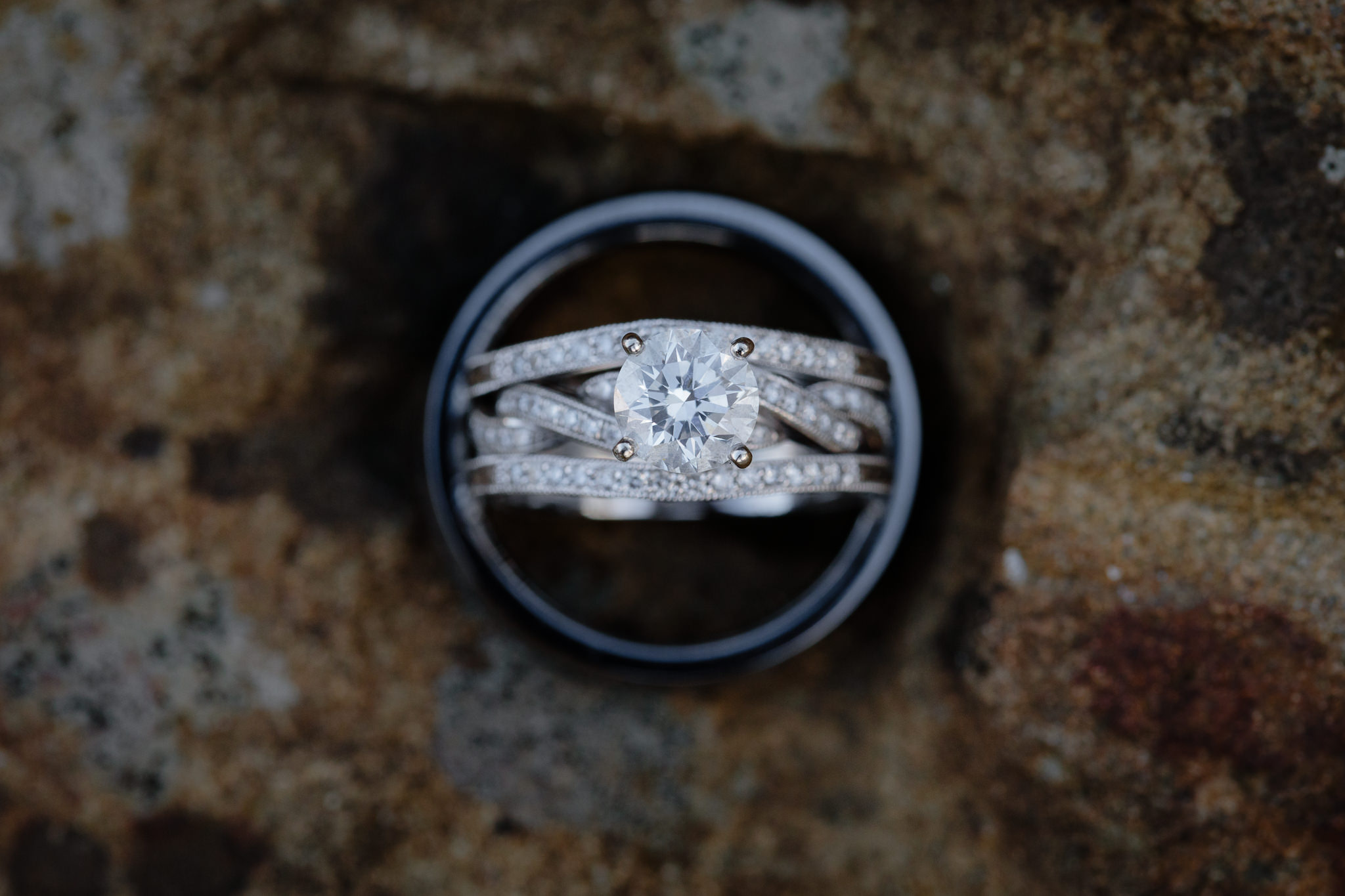 Wedding rings on a rock at Greystone Fields