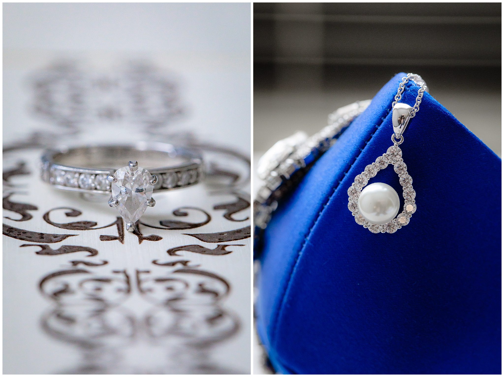 Bride's teardrop engagement ring and teardrop pearl & diamond necklace resting on blue Badgley Mischka shoes