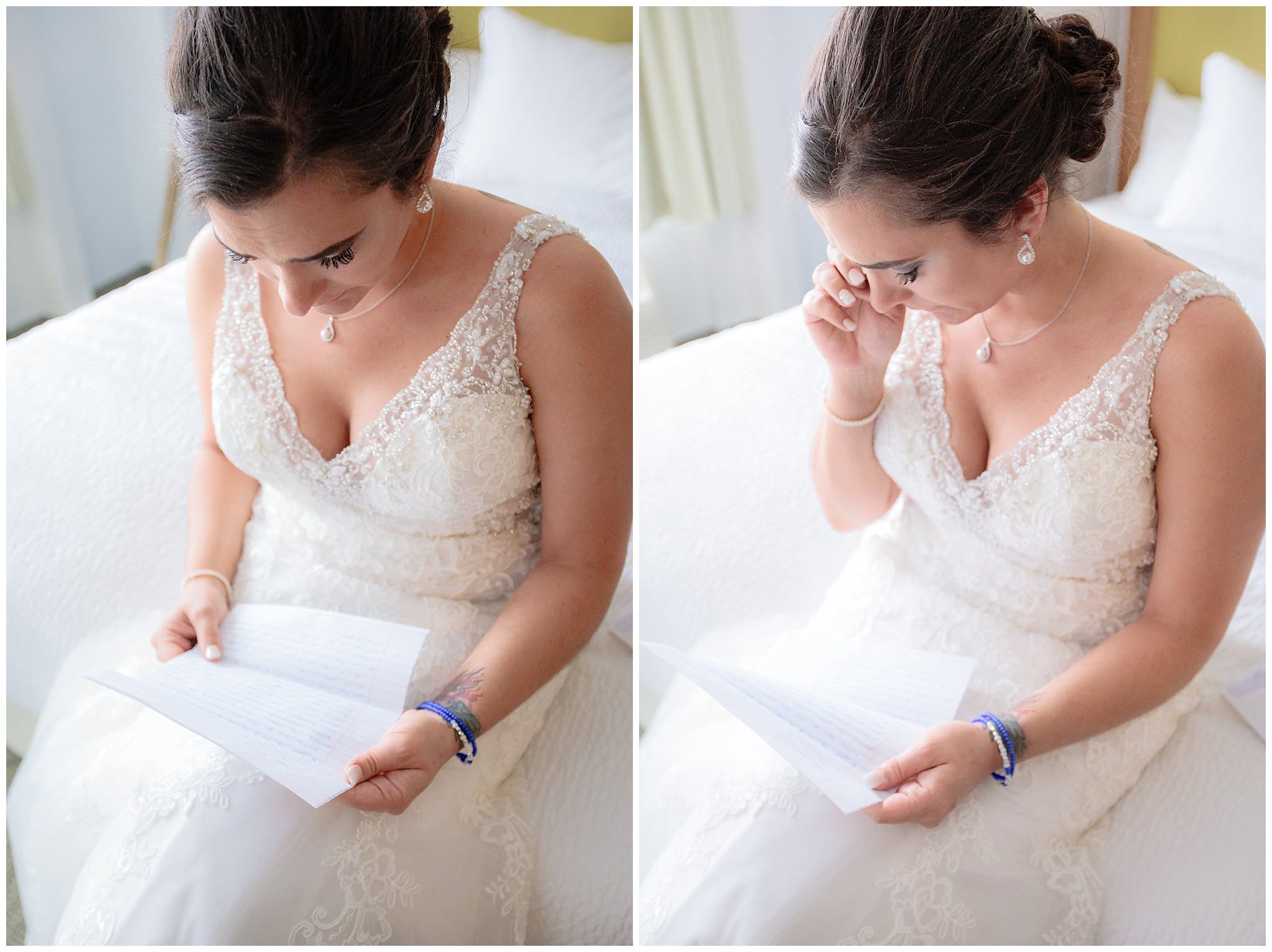 Bride reads a letter from her groom as she wipes tears from her eyes