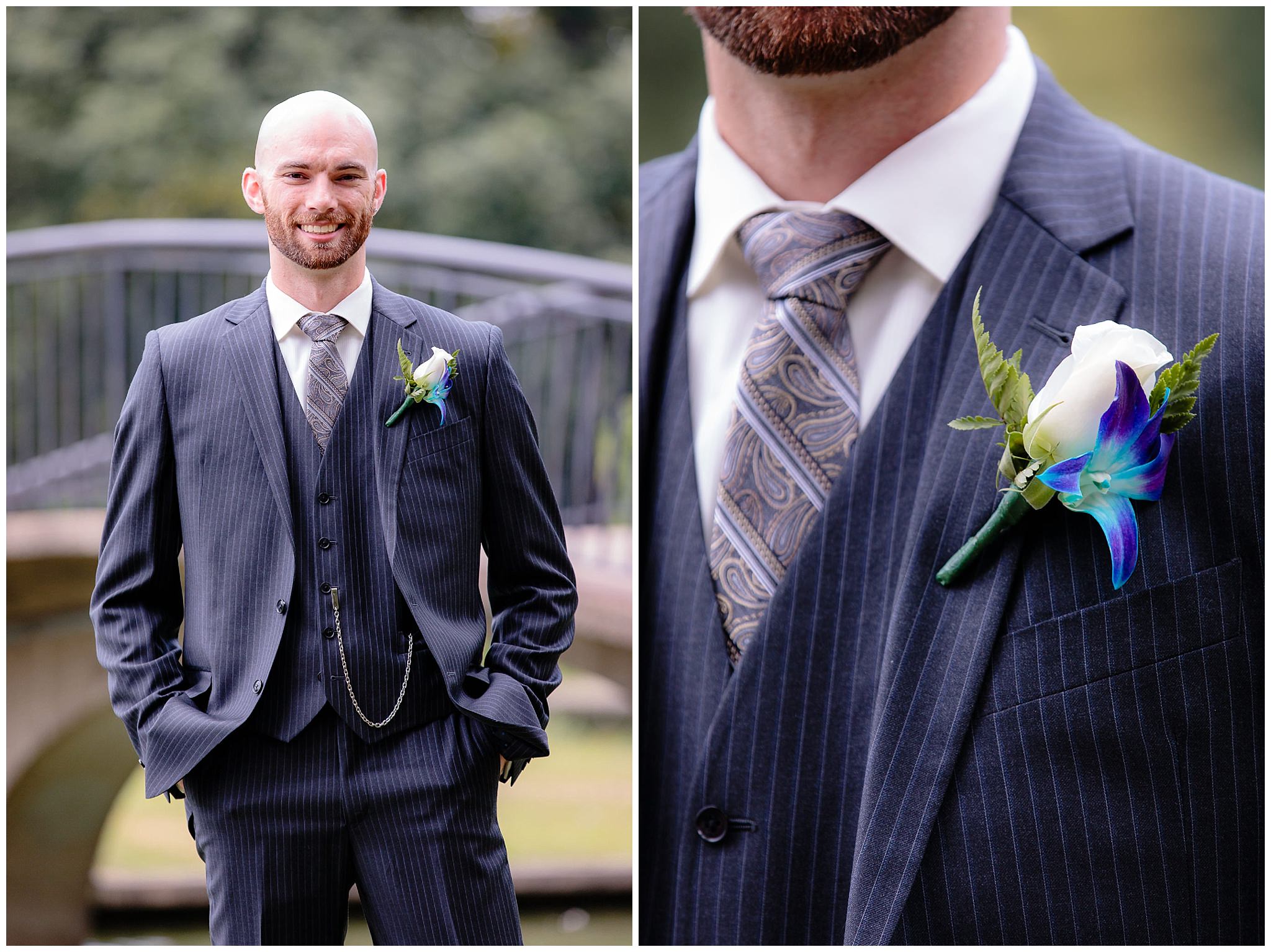 Groom portrait and closeup of his boutonniere by One Happy Flower Shop