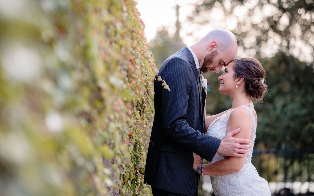 Bride and groom snuggle along a wall of ivy at the National Aviary