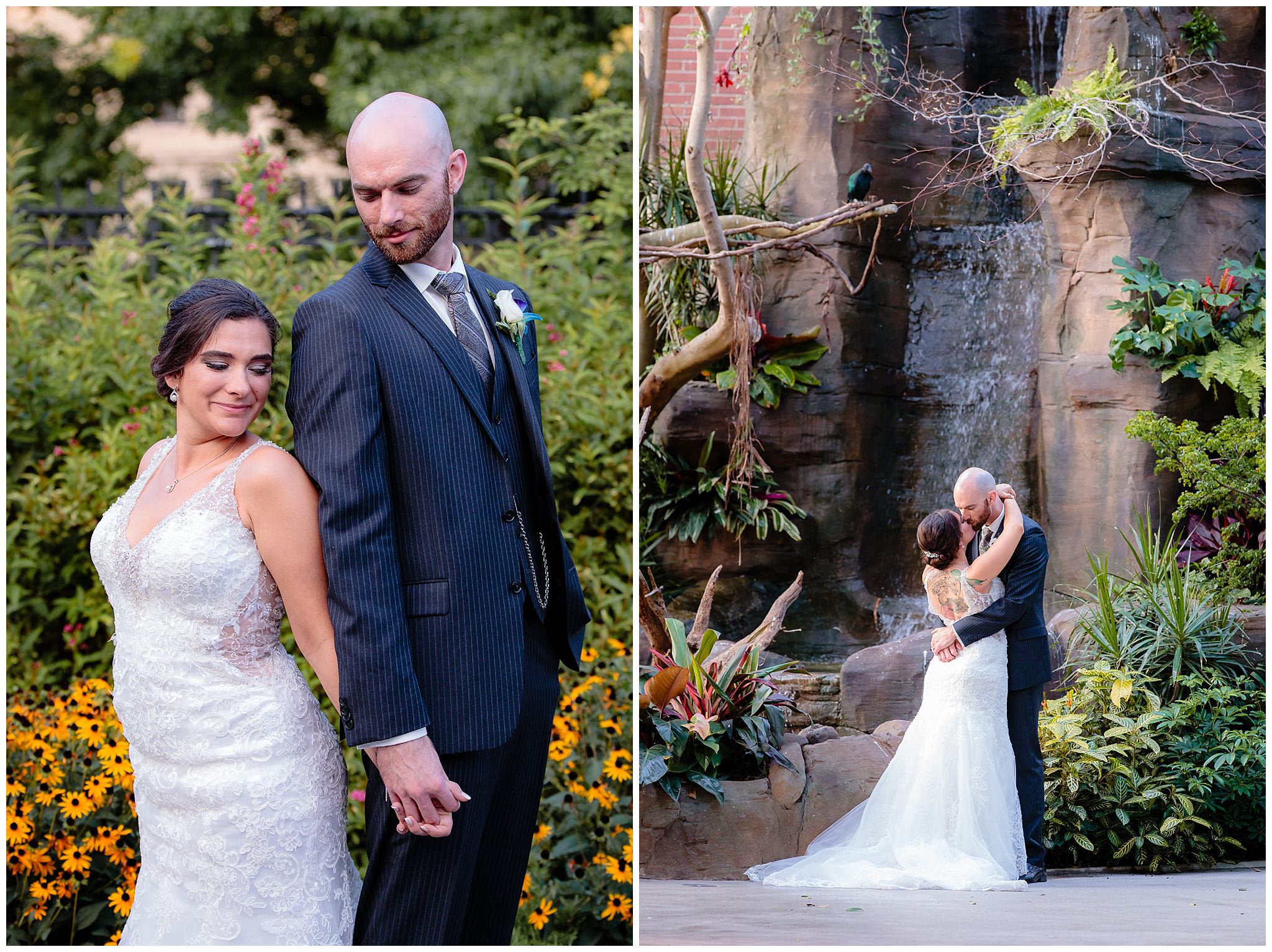 Bride & groom kiss in front of a waterfall in the Tropical Rainforest at the National Aviary