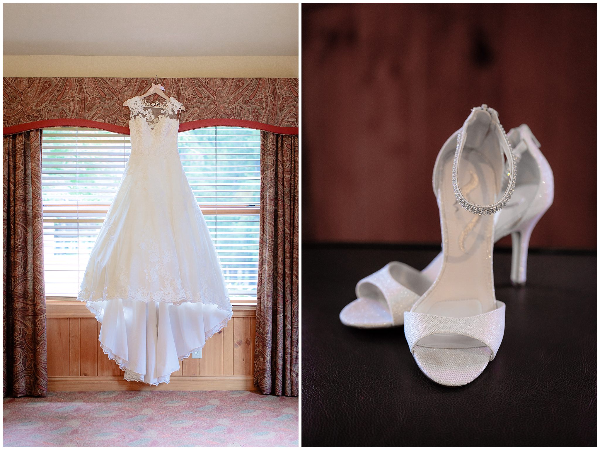 Bride's Pronovias dress hangs from a window of May Cottage at Oglebay