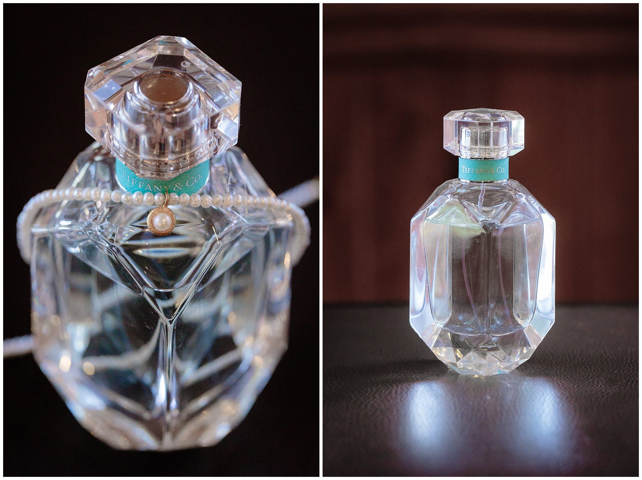 Bride's pearl necklace rests on a glass Tiffany perfume bottle