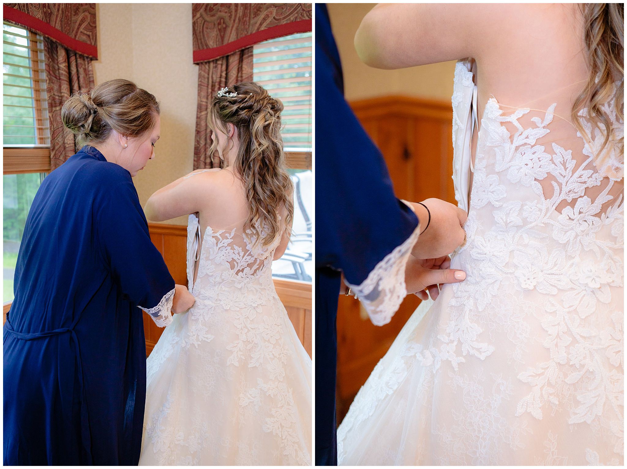 Maid of honor zips the bride into her Pronovias wedding gown at Oglebay