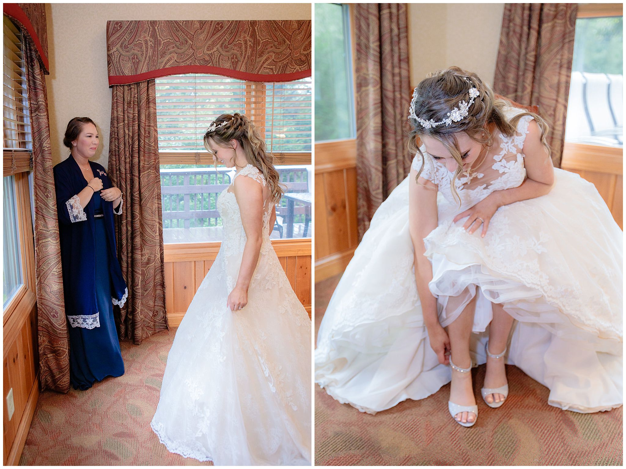 Bride slips on her silver wedding shoes before her Oglebay wedding