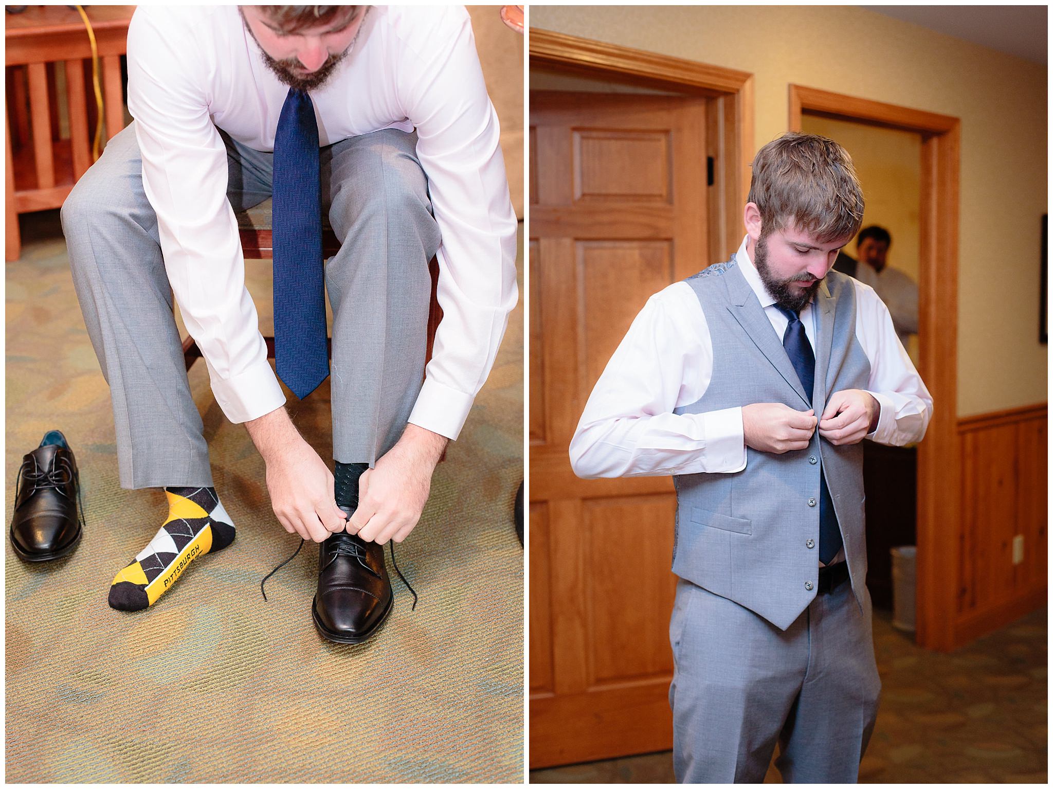 Groom gets dressed inside Chambers cottage at Oglebay