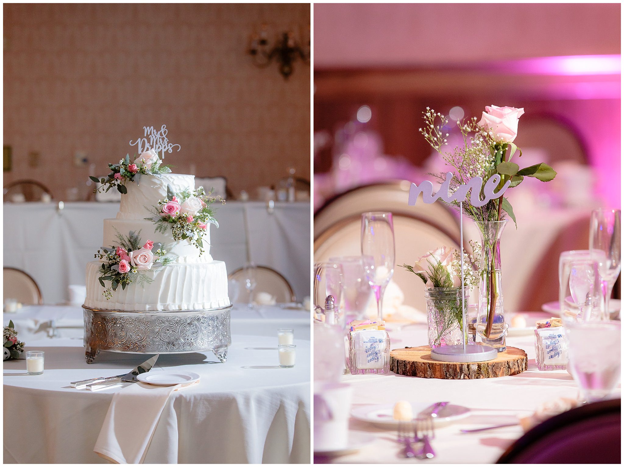 Wedding cake & floral centerpieces at an Oglebay wedding reception