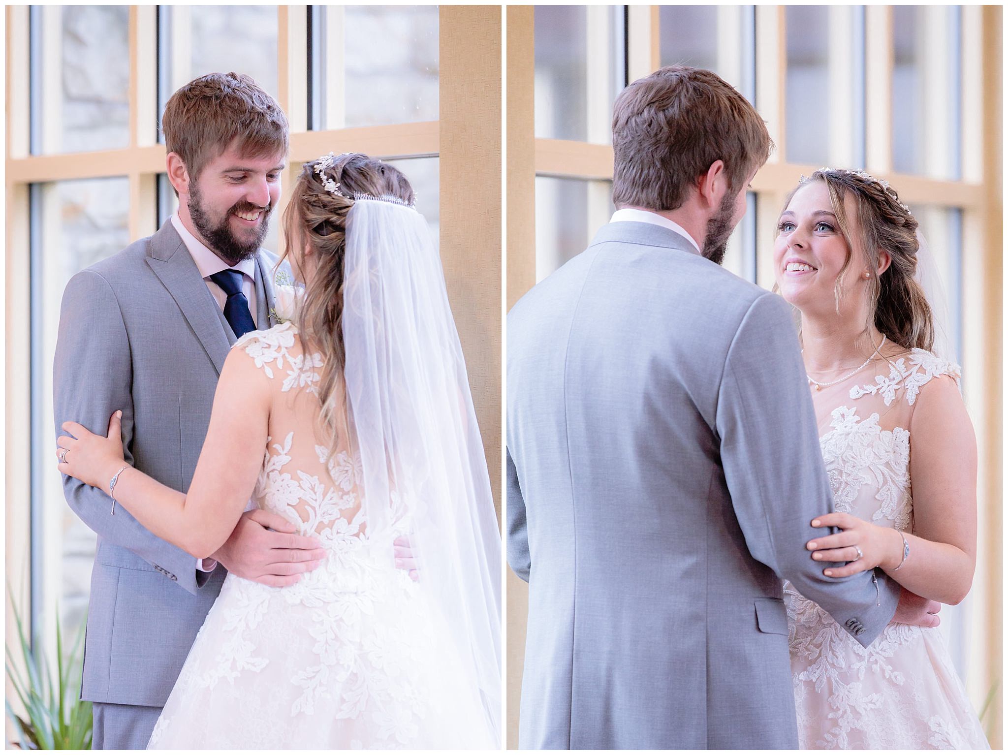 Bride & groom smile at each other during portraits at Oglebay