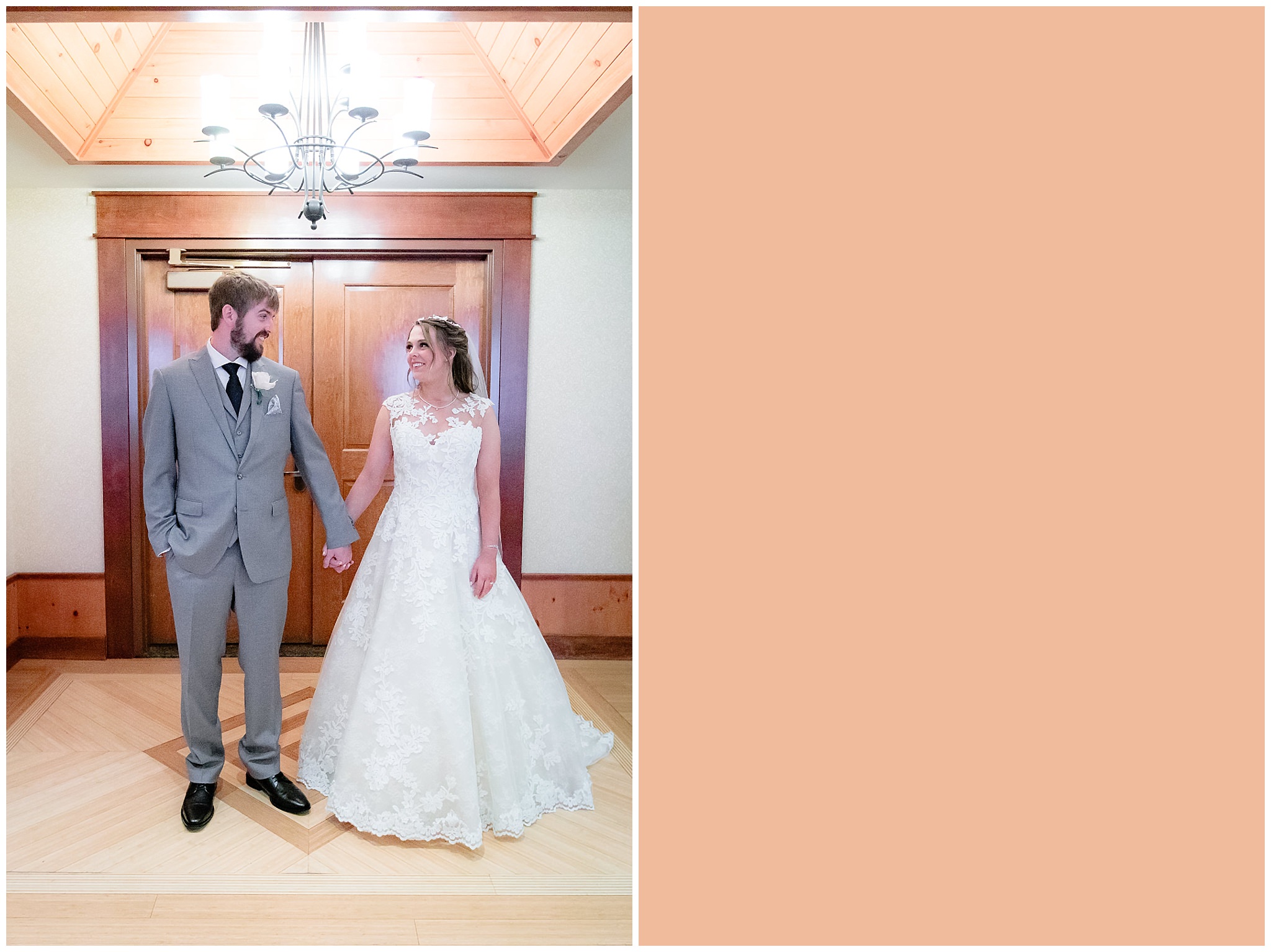 Bride & groom in the foyer of their presidential suite at Oglebay