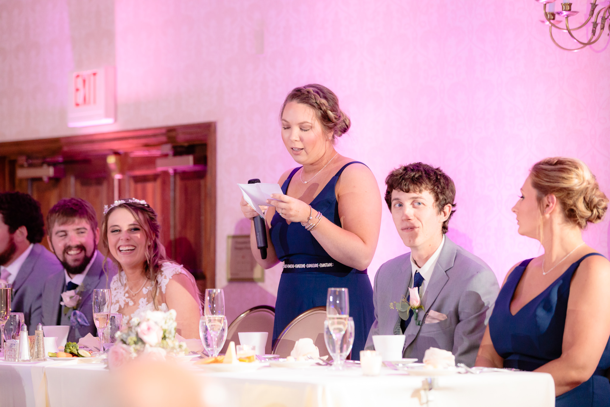 Maid of honor gives a speech during an Oglebay wedding reception