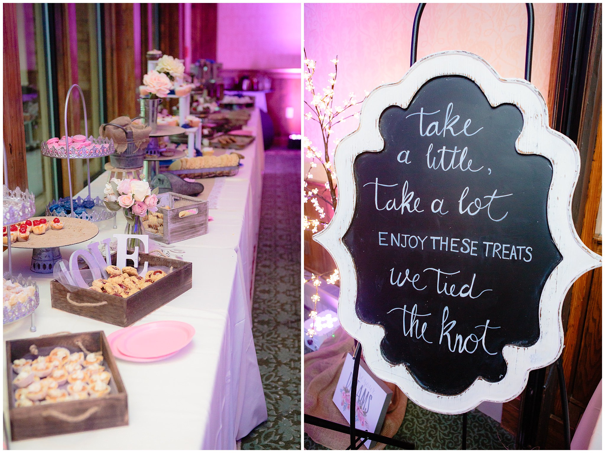 Cookie table spread and chalkboard sign at an Oglebay wedding reception