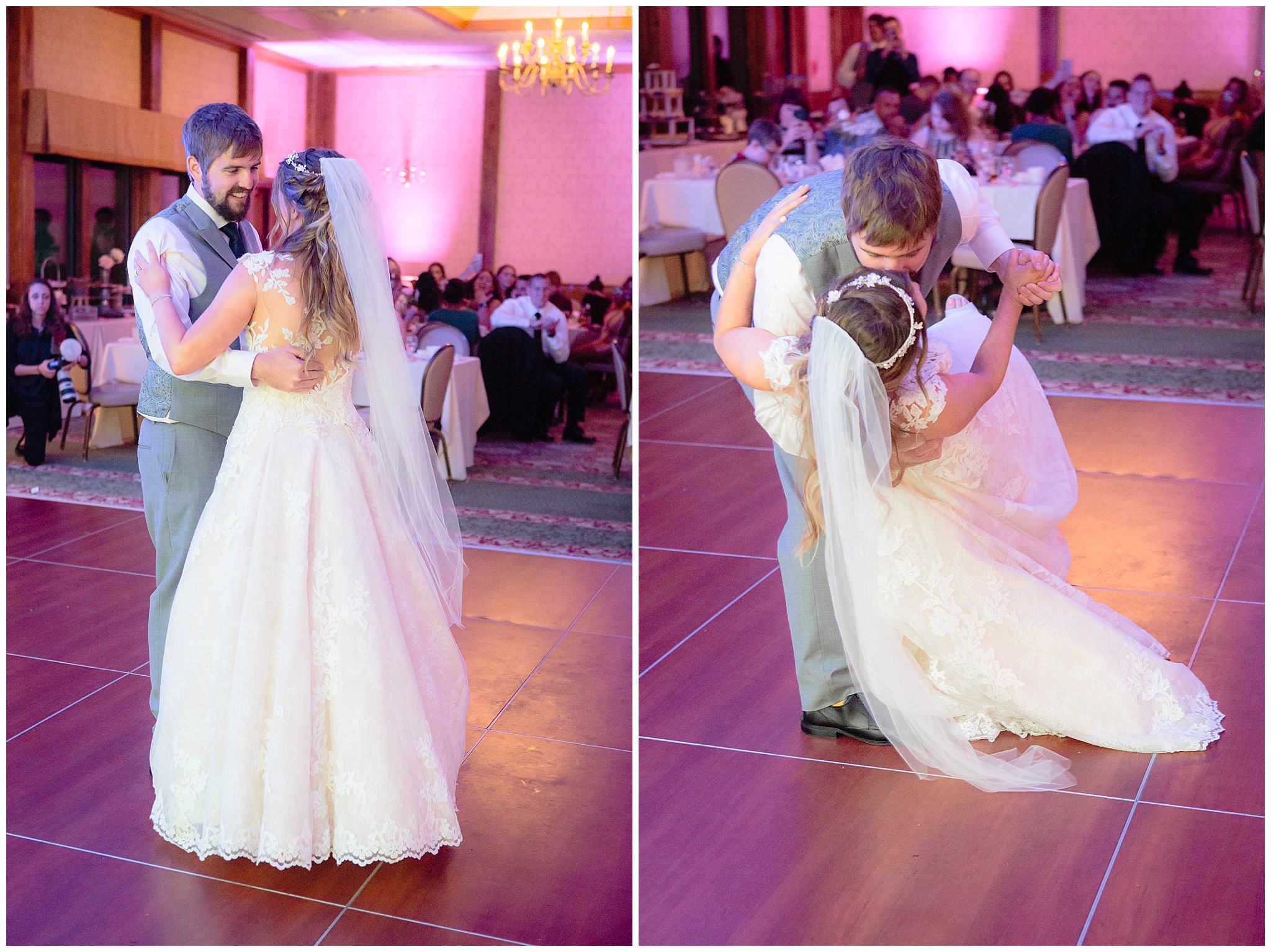 Groom dips his bride during their first dance at Oglebay