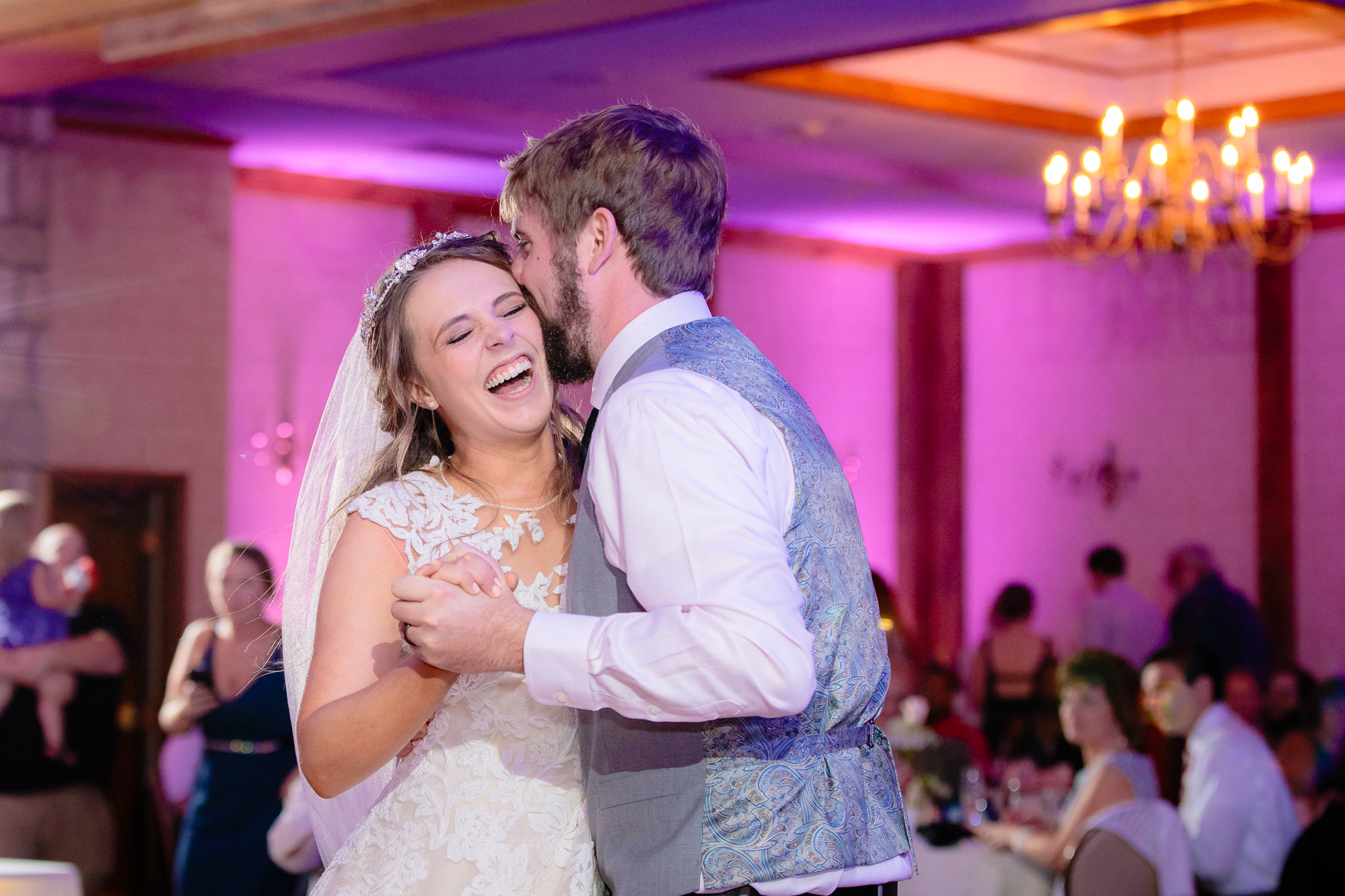 Bride laughs during the first dance at Oglebay