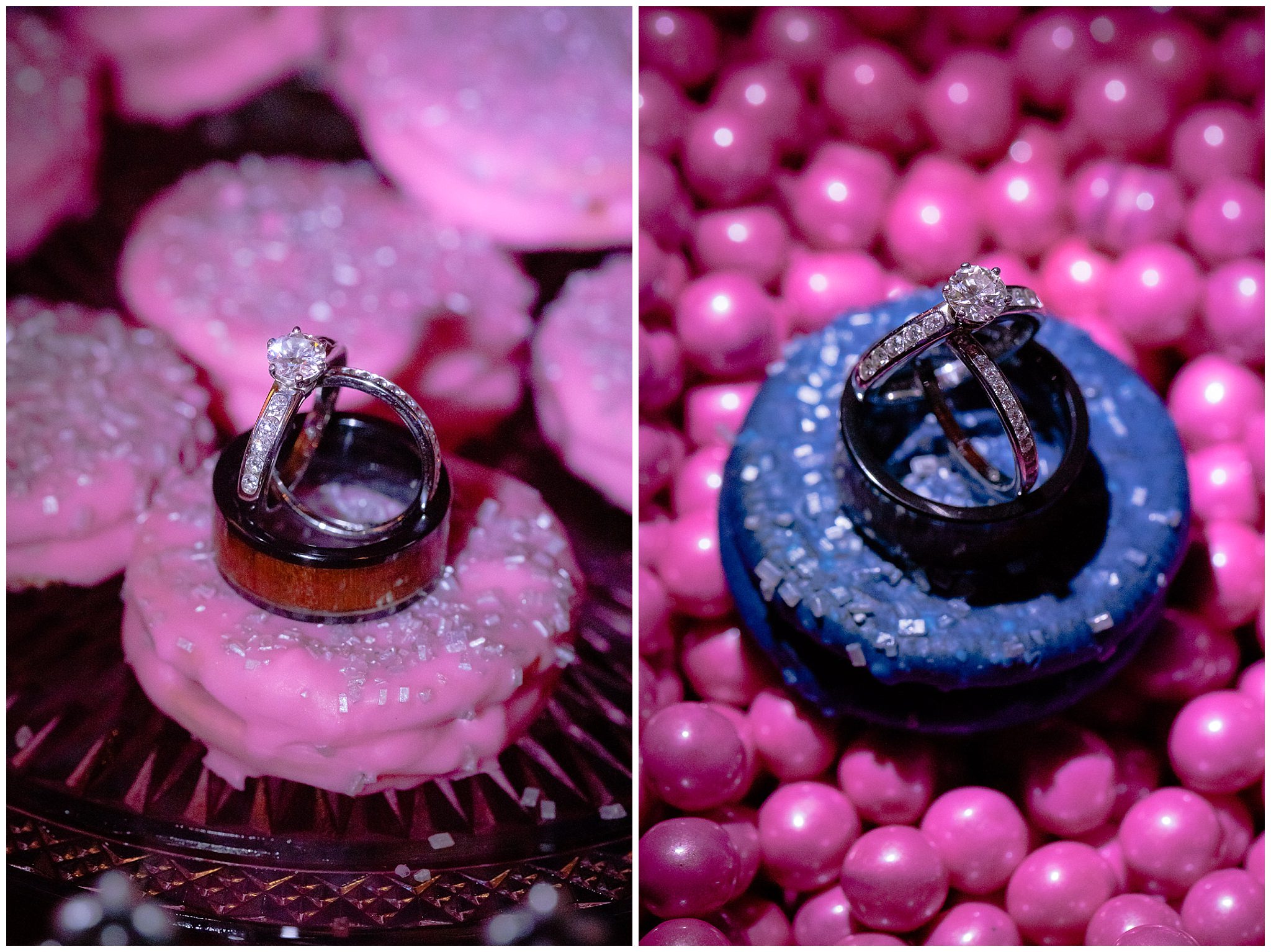 Wedding rings rest on top of pink and blue cookies at an Oglebay wedding