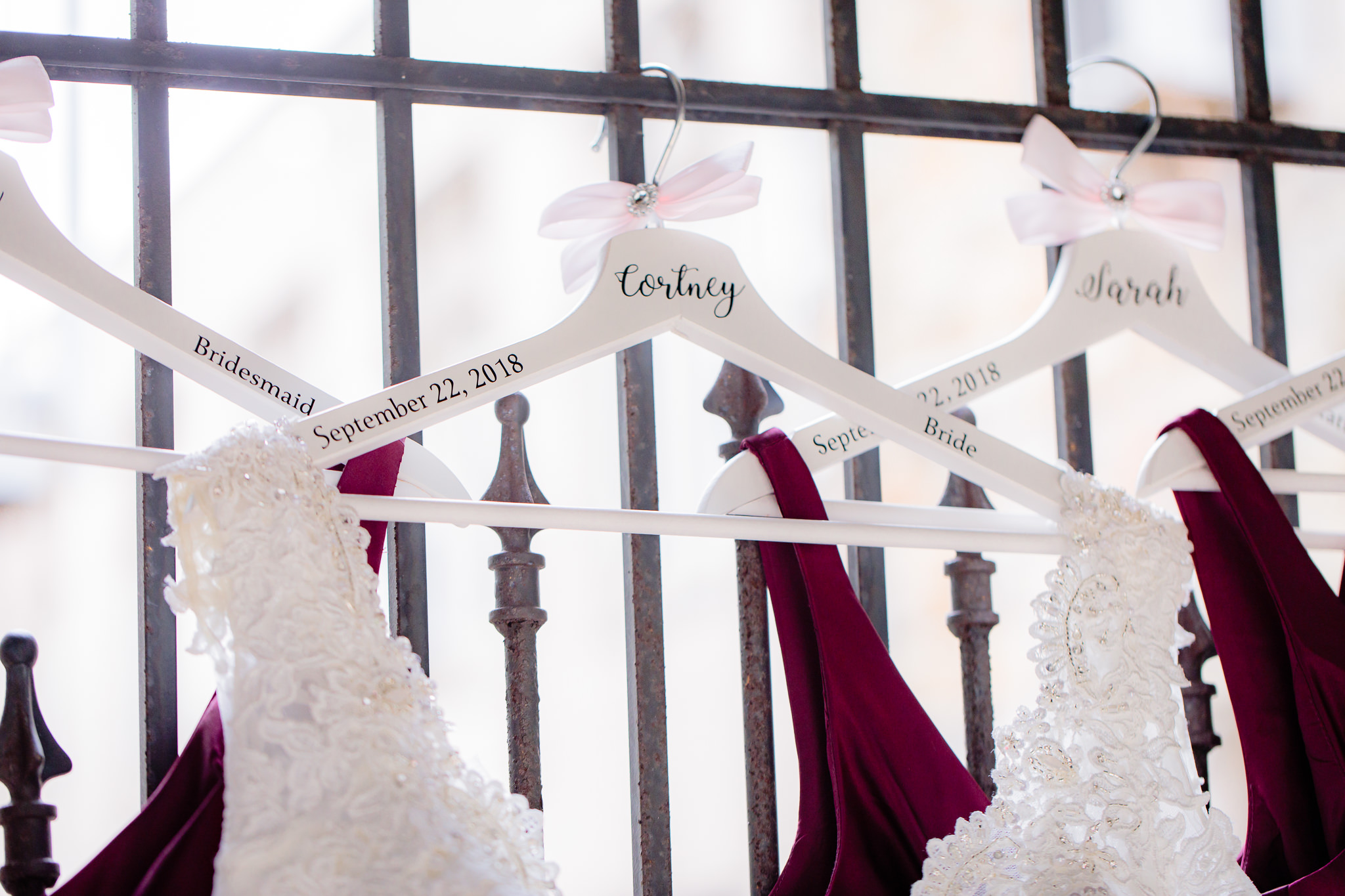 Dress hangers enscribed with the bride's name and the date of the wedding at Mt. Lebanon United Methodist Church
