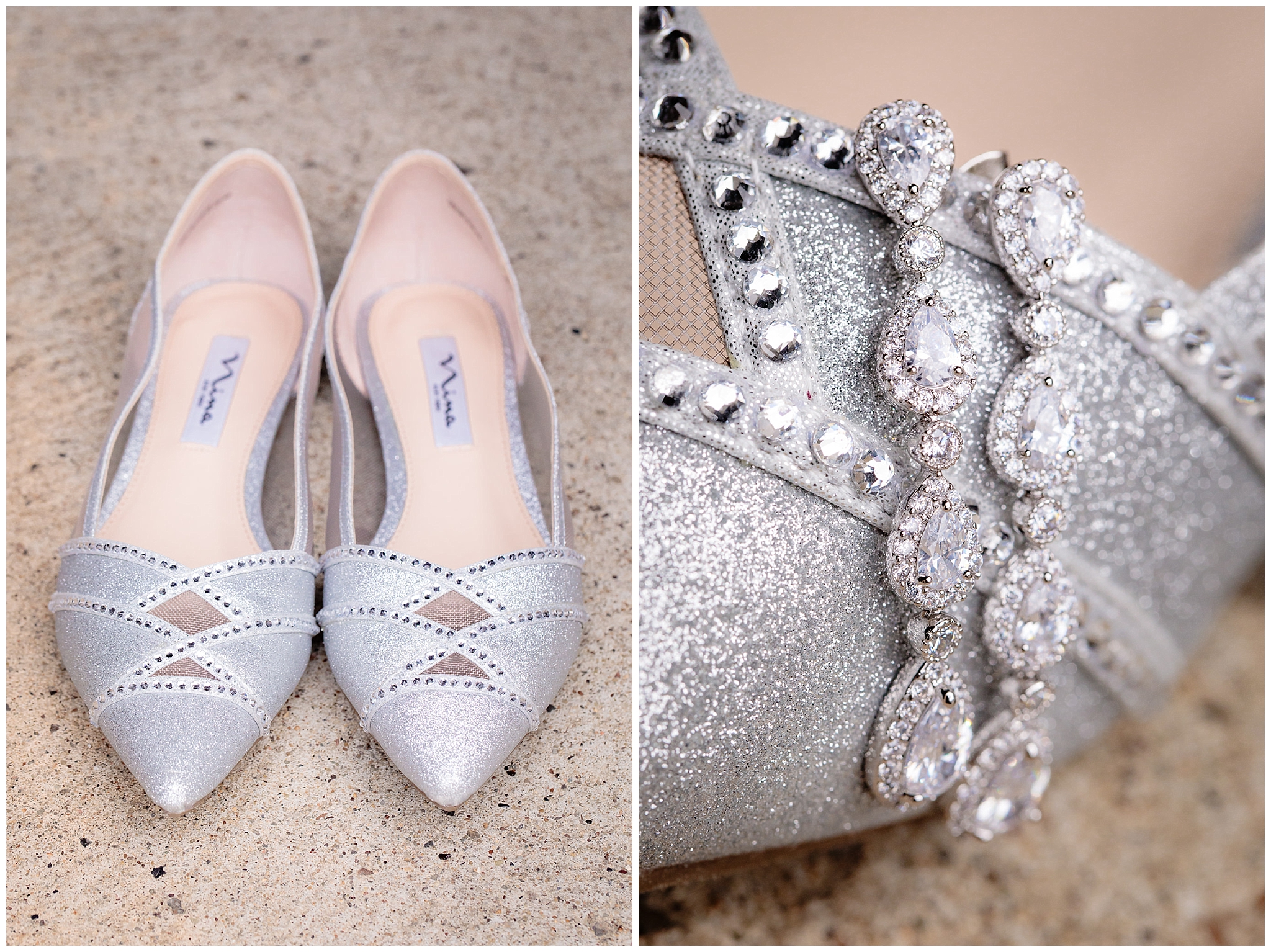 Bride's silver shoes and matching diamond earrings for a Mt. Lebanon United Methodist Church wedding