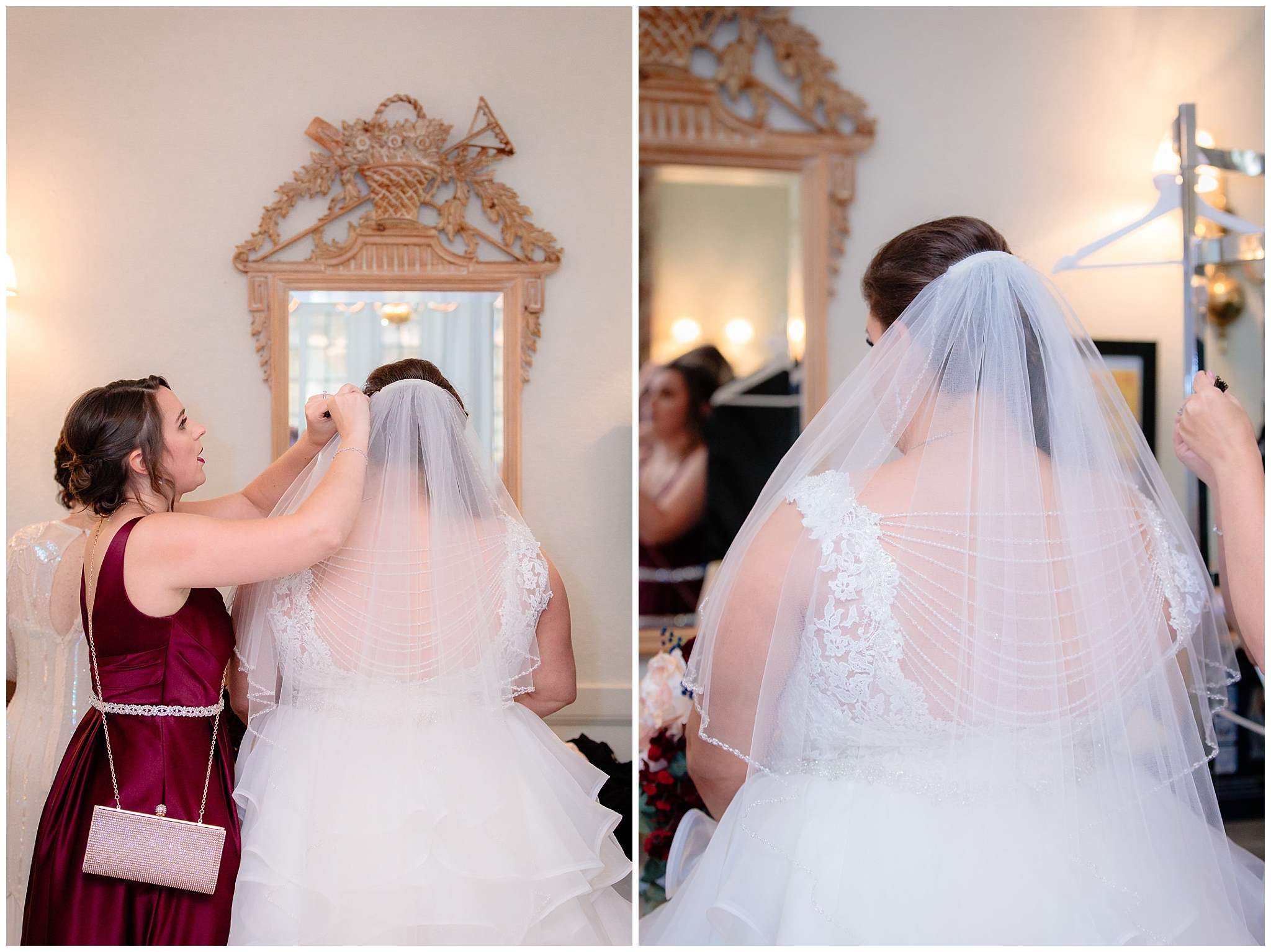 Bride getting her veil pinned into her hair before the wedding at Mt. Lebanon United Methodist Church