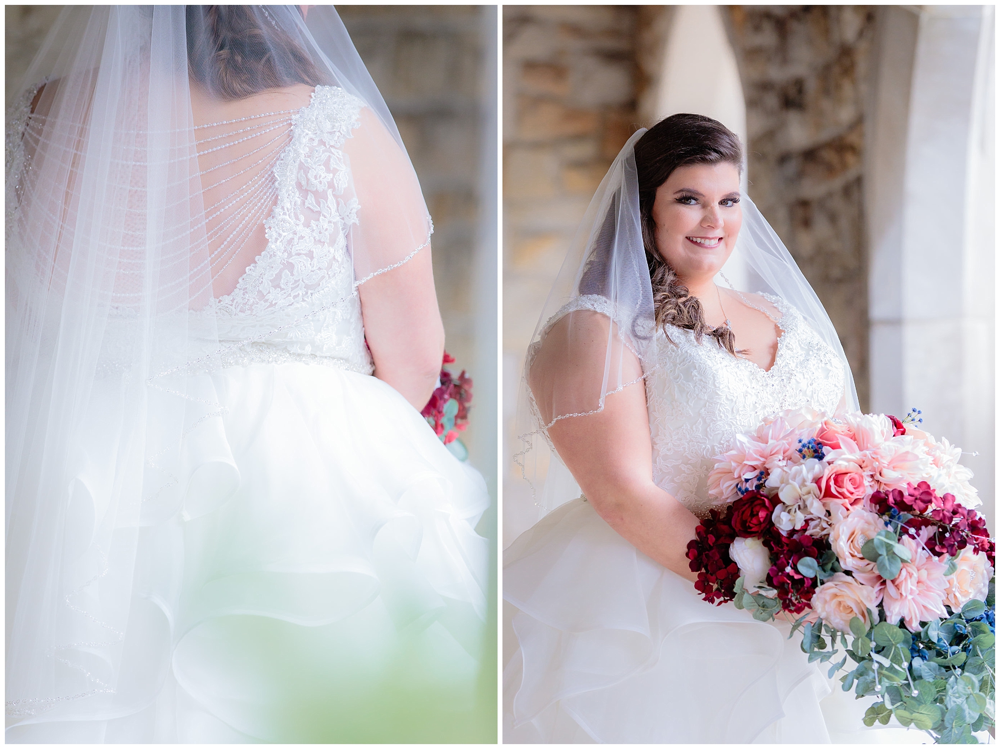 Front and back of the bride's dress, featuring her DIY flower bouquet at Mt. Lebanon United Methodist Church