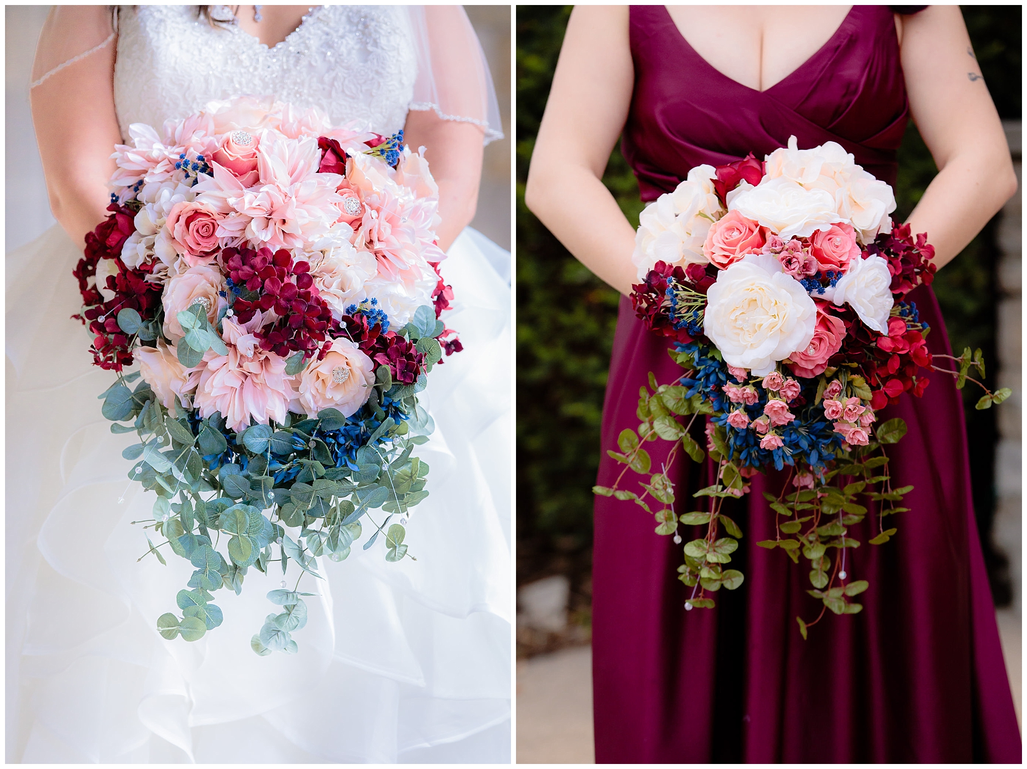 Bride and bridesmaid bouquets, both made by the bride at Mt. Lebanon United Methodist Church