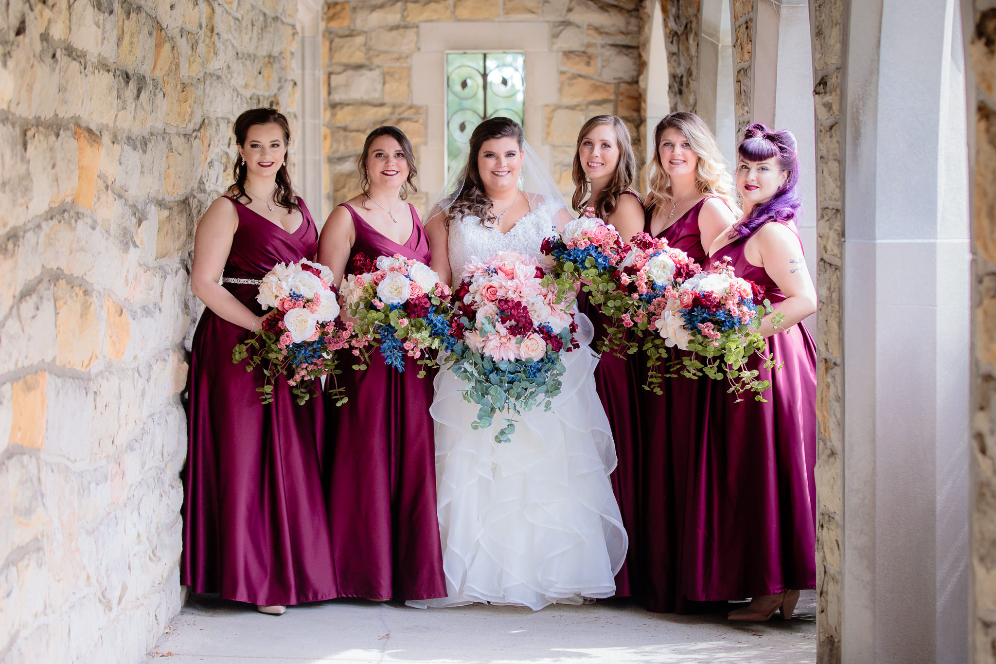 The bridal party and their DIY bouquets which were done by the bride, outside the Mt. Lebanon United Methodist Church