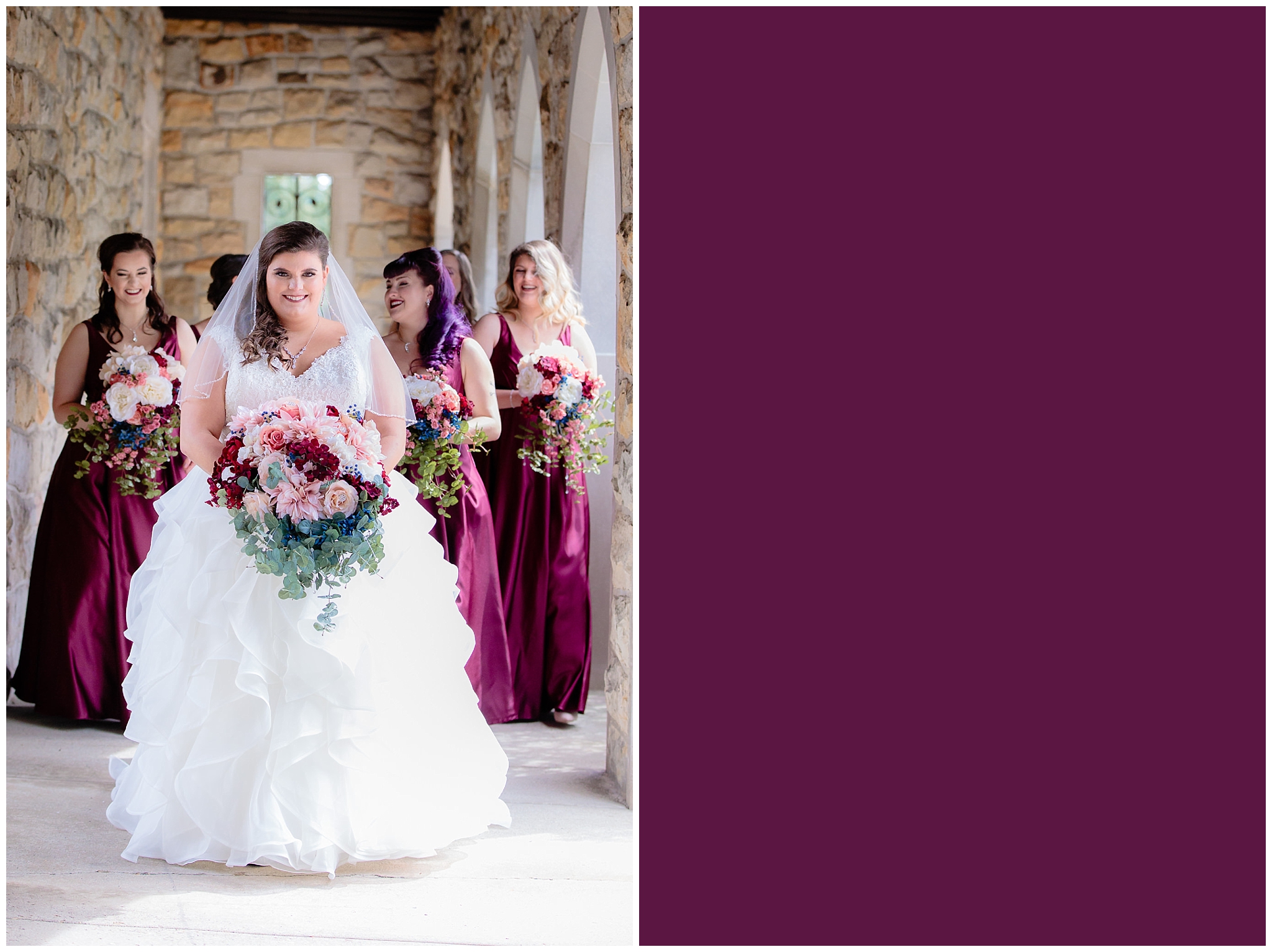 Bride and bridal party in plum dresses with DIY flower bouquets at Mt. Lebanon United Methodist Church