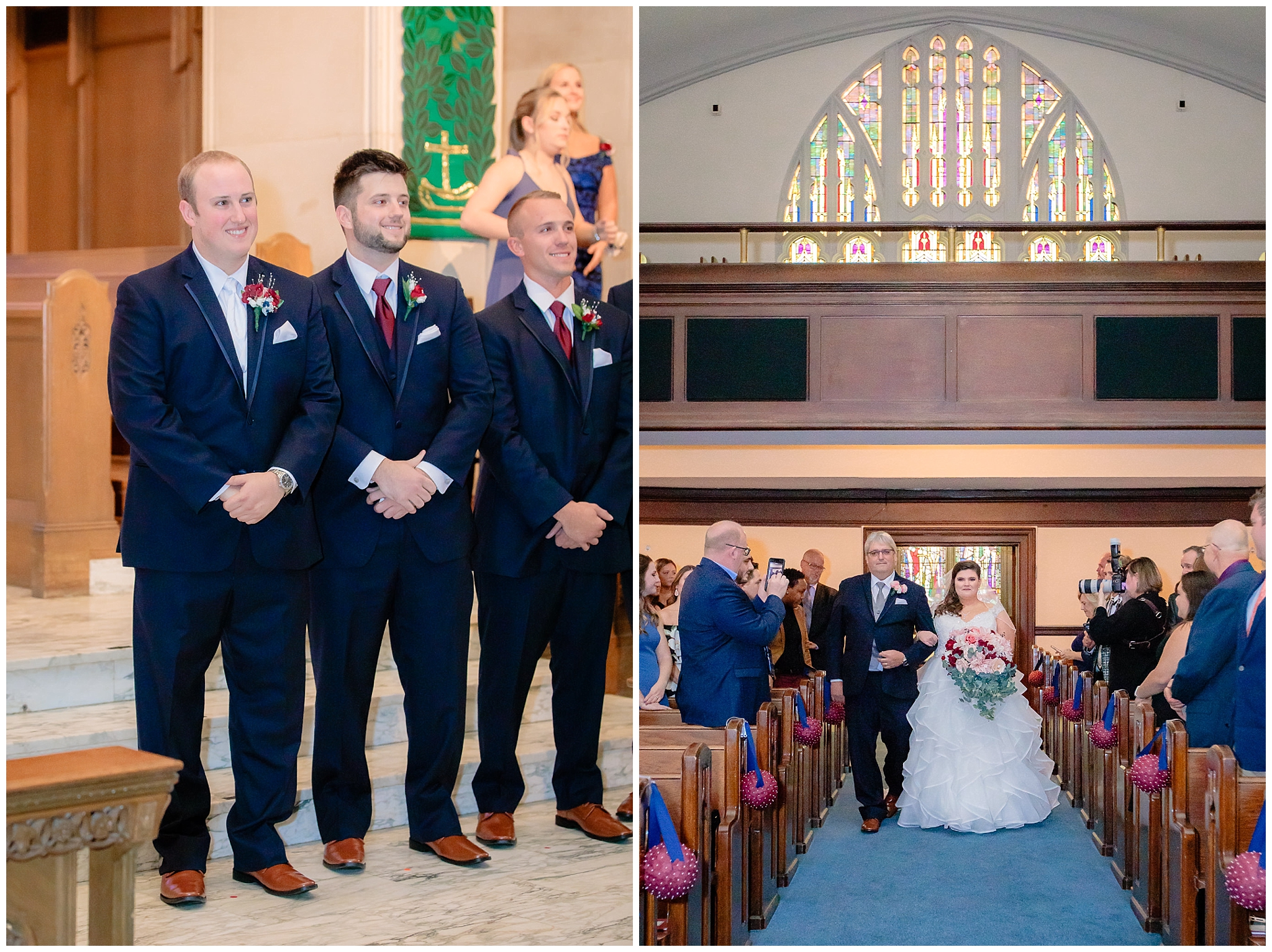 Groom and groomsmen as the bride is walked down the aisle by her father at Mt. Lebanon United Methodist Church