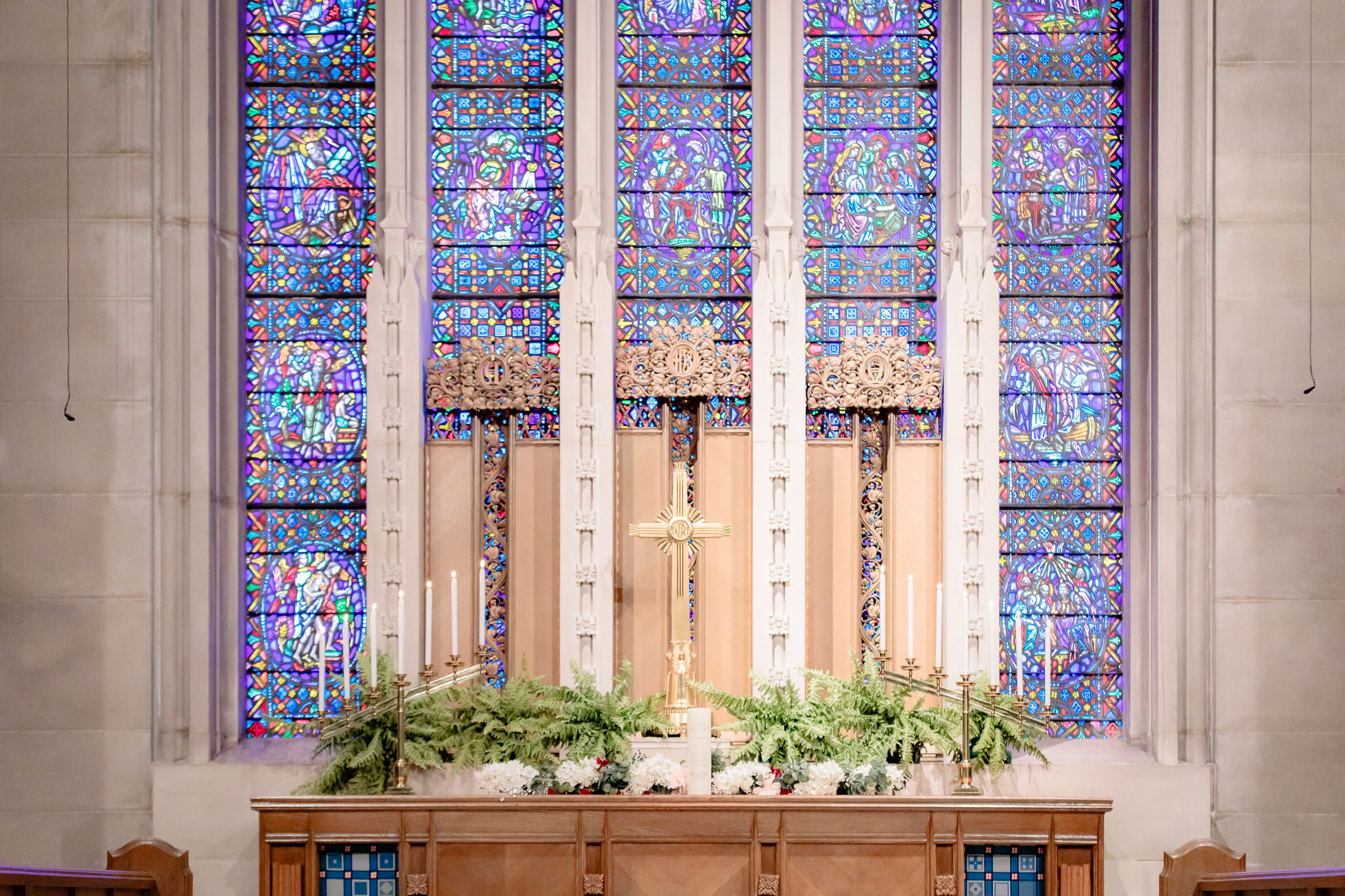 Stained glass windows behind the altar at Mt. Lebanon United Methodist Church