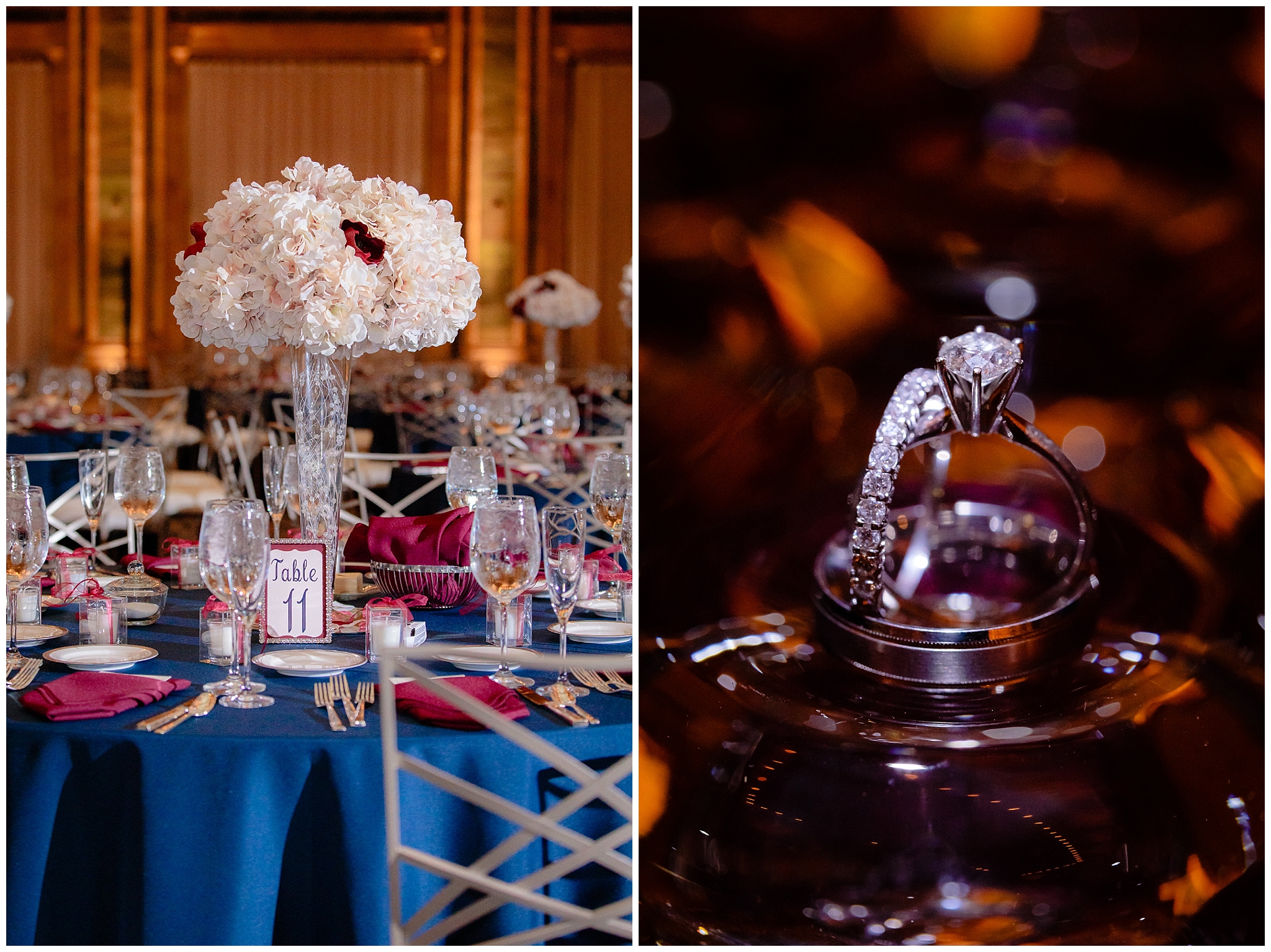 Bride and groom's wedding rings alongside the table settings at The Pennsylvanian