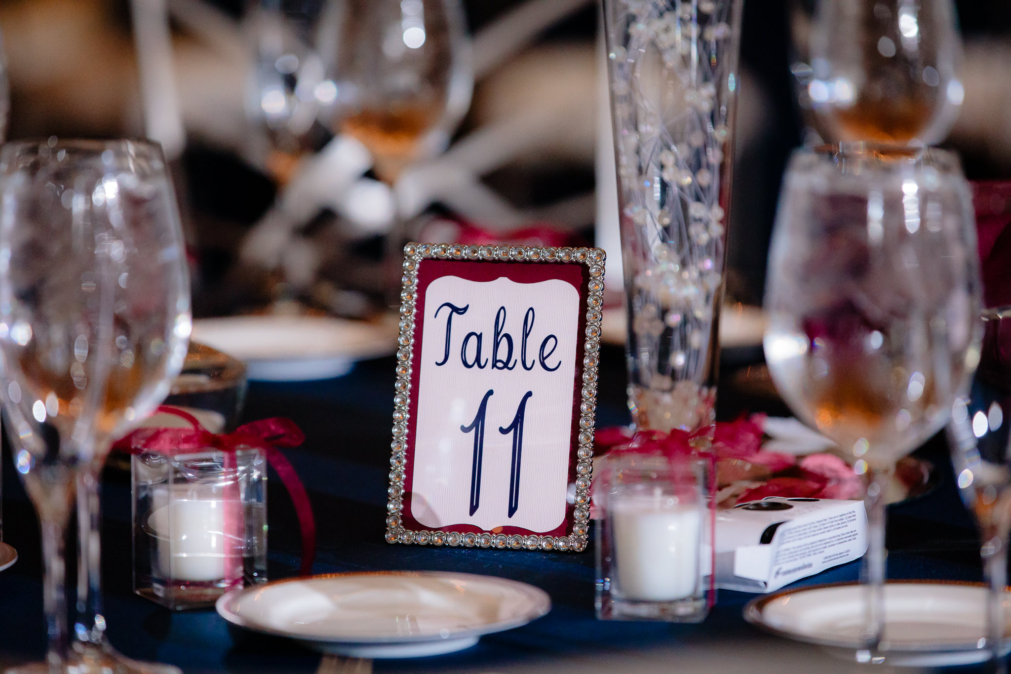 Jeweled table number cards at a wedding reception at The Pennsylvanian