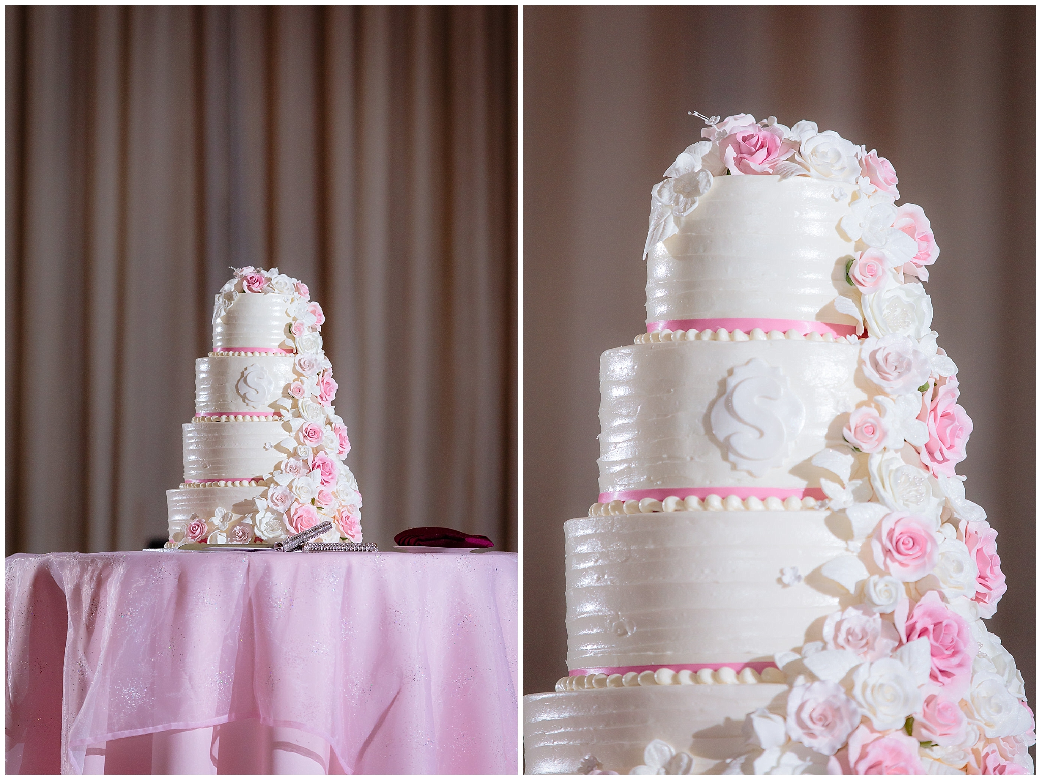 Wedding cake with pink and white flowers done by Rania's Catering at the Pennsylvanian