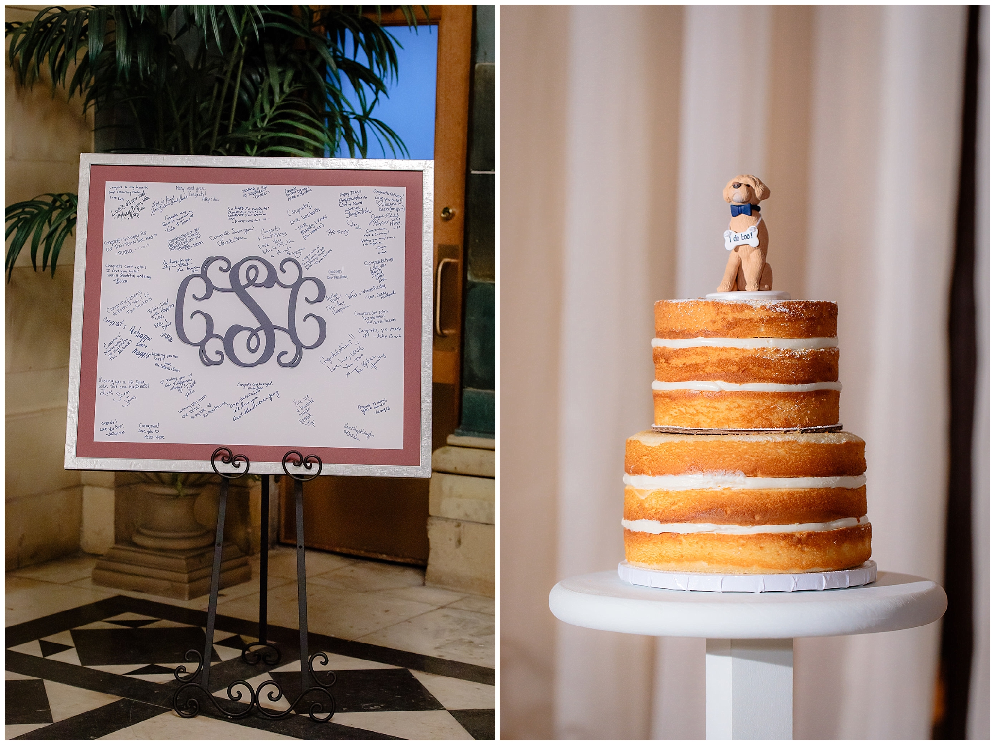 A well wishes board with a monogram and a cake done by Rania's Catering at the Pennsylvanian