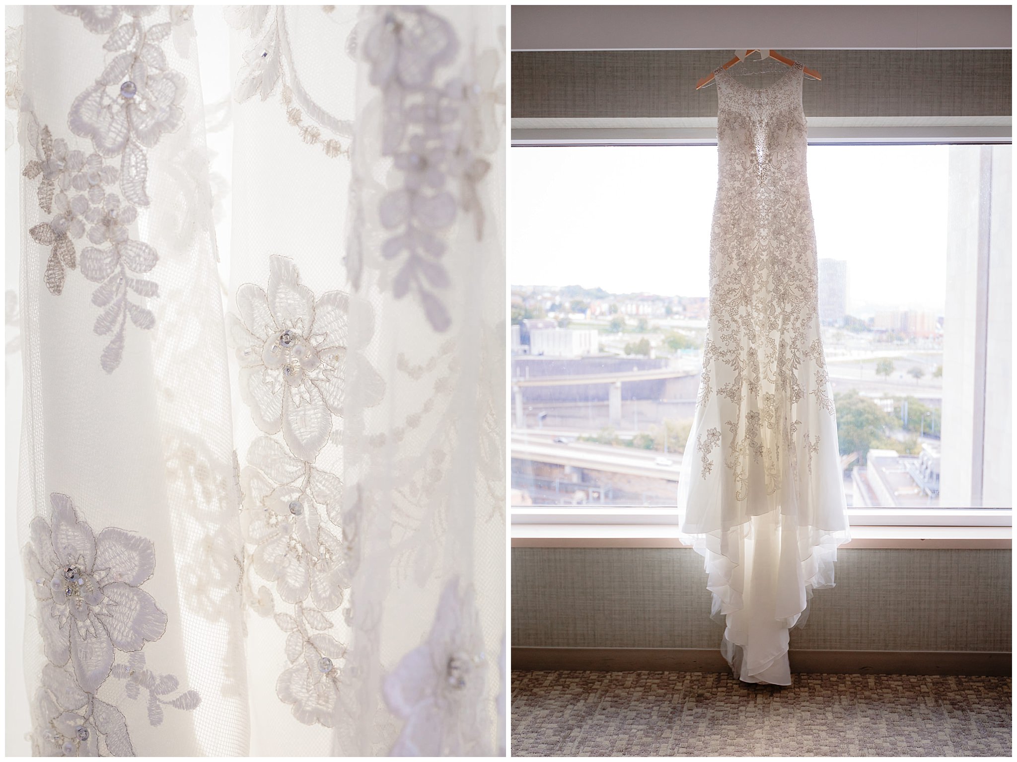 Allure bridal gown hangs from the window at the Westin Convention Center Pittsburgh