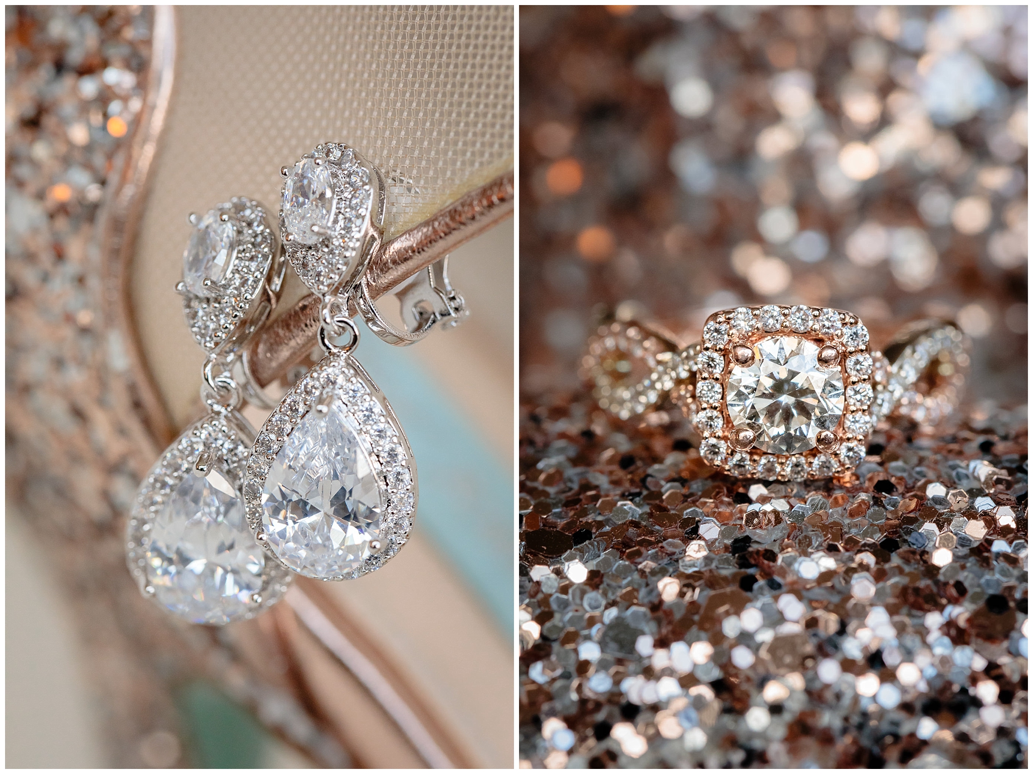 Bride's diamond teardrop earrings and gold engagement ring from Brilliance