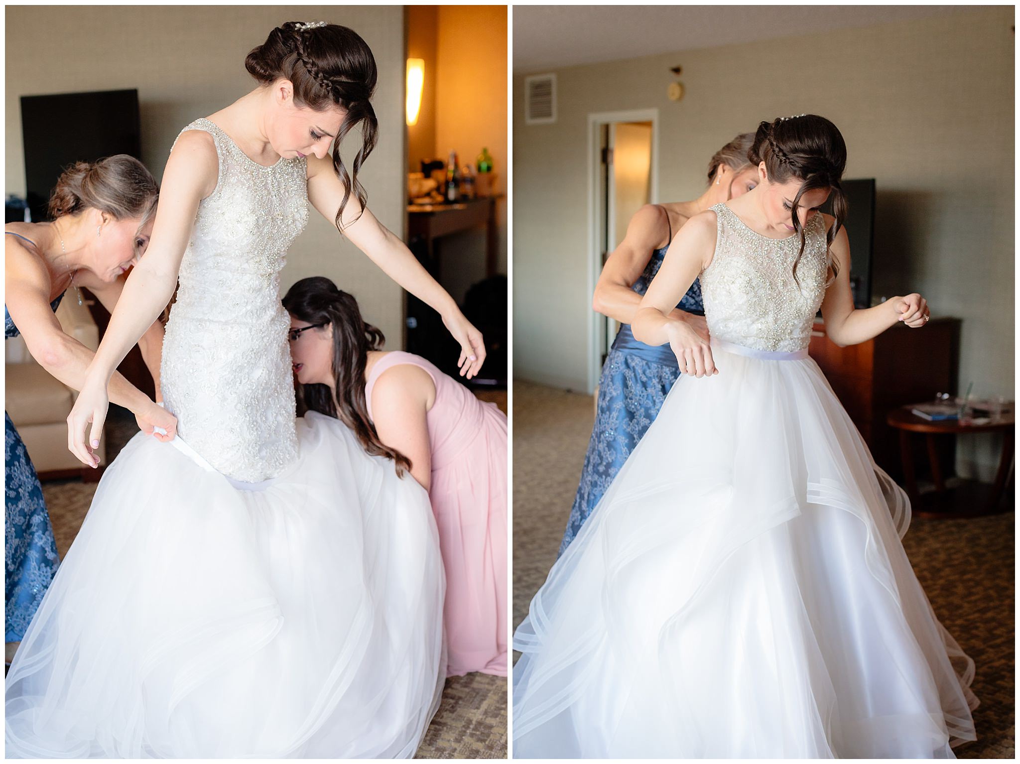 Mother of the bride helps put the tulle skirt over bride's Allure wedding dress