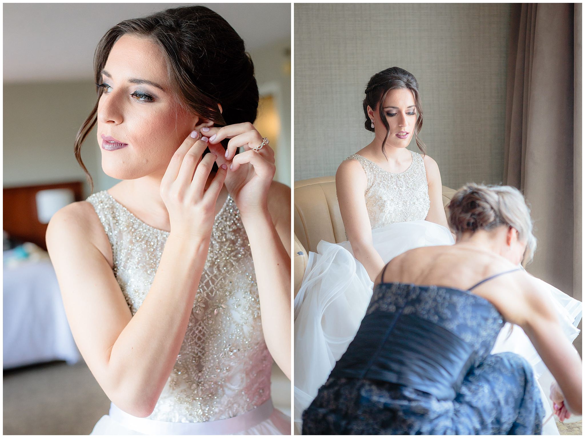 Bride puts on her earrings as her mother helps with her shoes